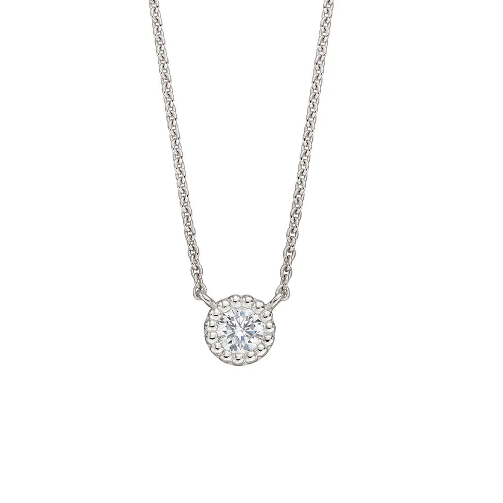 Silver Round CZ Necklace With Mill Grain Edge