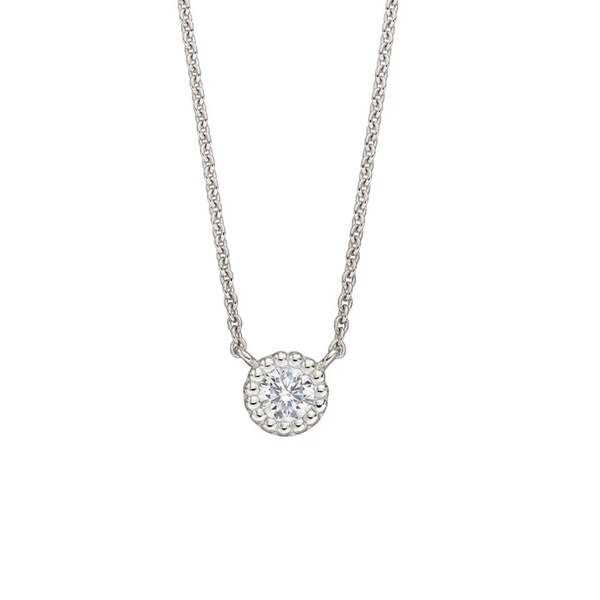 Silver Round CZ Necklace With Mill Grain Edge