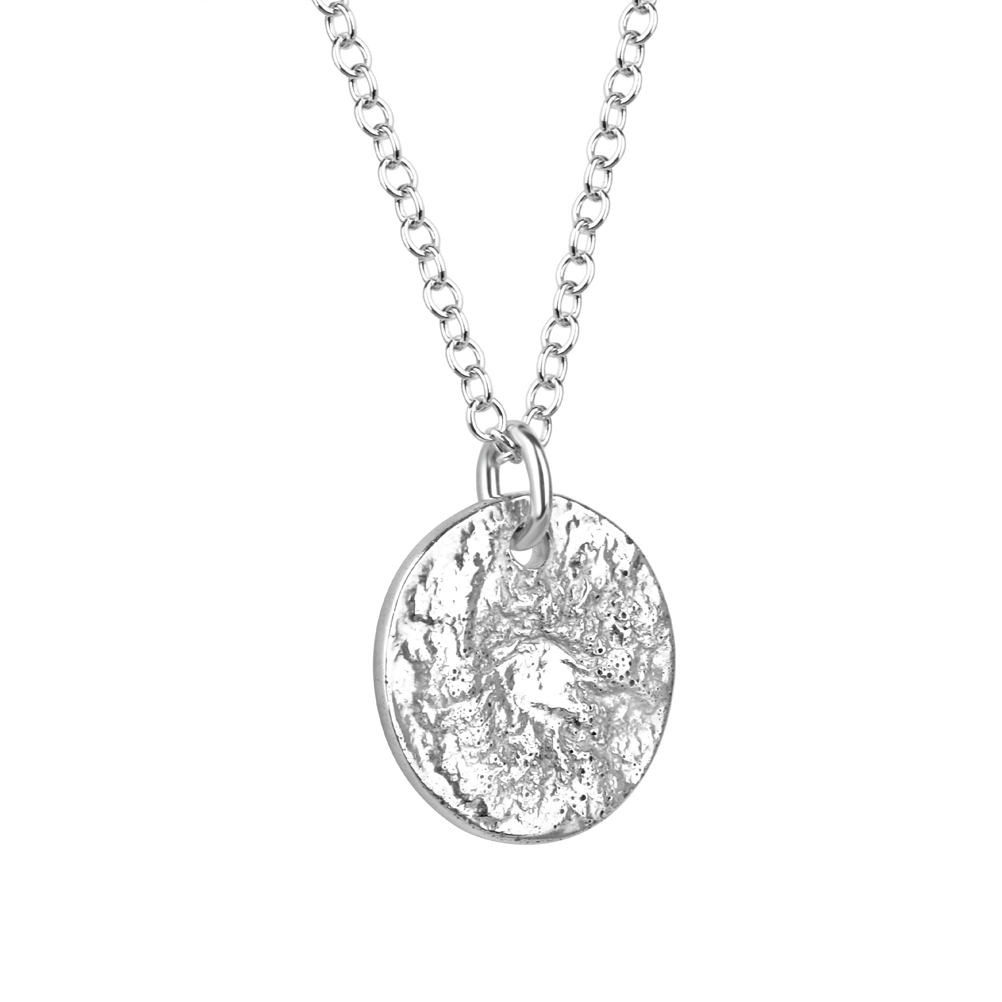 Silver Round Lunar Pendant with Textured Finish on a 20" Trace Chain