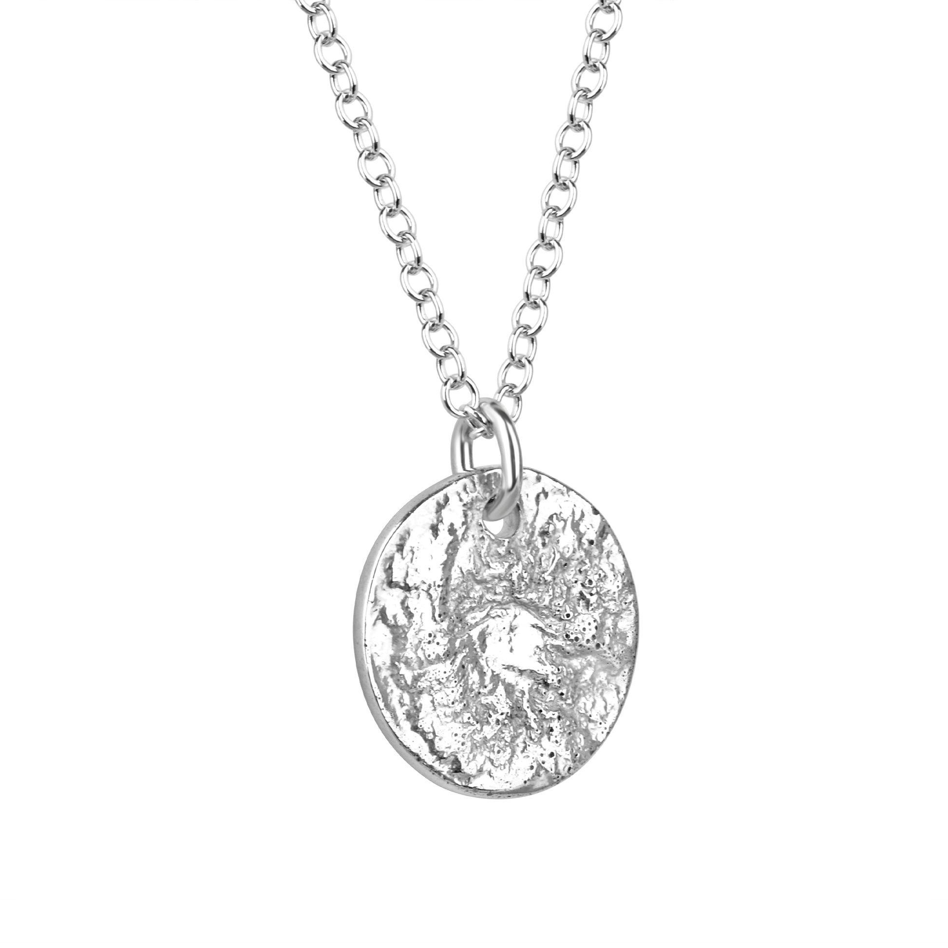 Silver Round Lunar Pendant with Textured Finish on a 20" Trace Chain