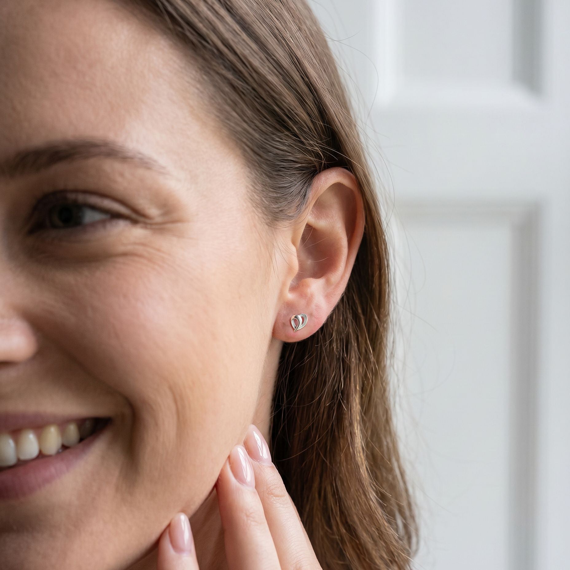 Silver Double Loop Heart Shape Stud Earrings