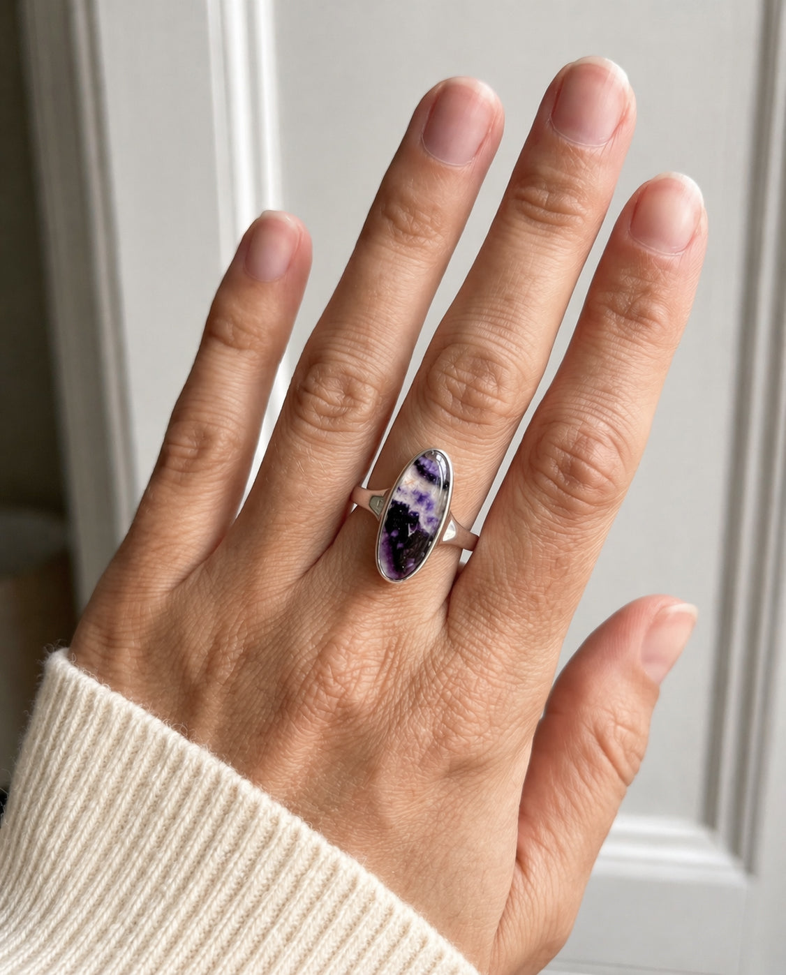 Silver Elongated Oval Blue John Ring