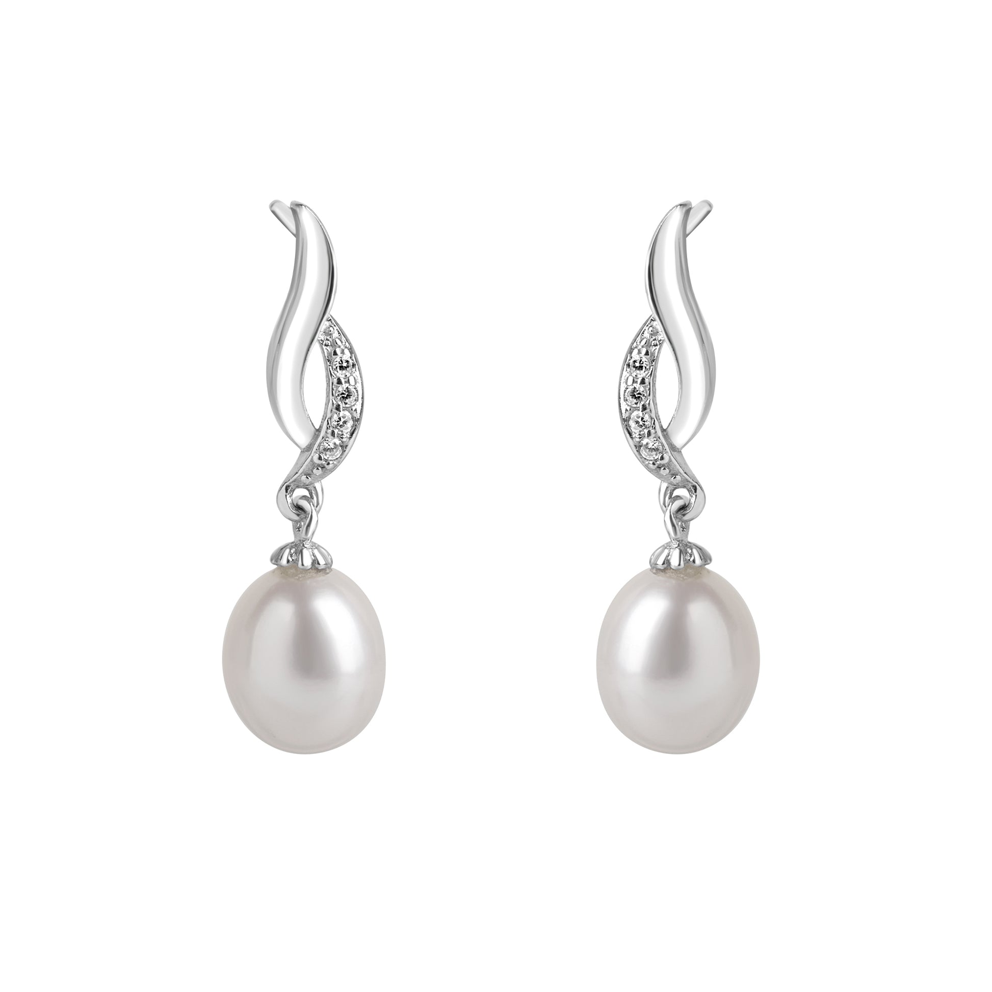 Silver Freshwater Pearl Drop Earring with Pave Cubic Zirconia Wave Top