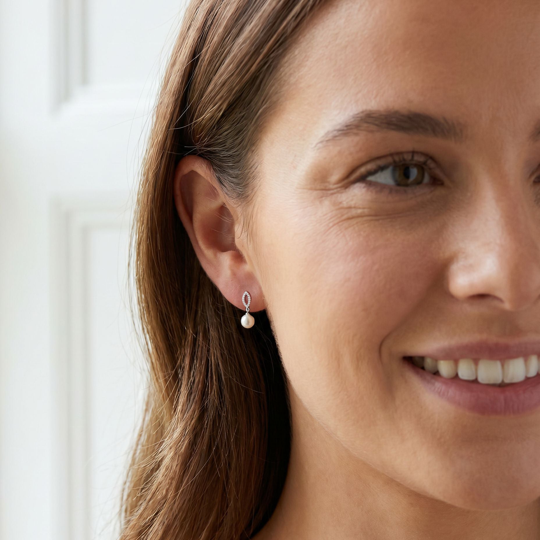 Silver Freshwater Pearl Drop Earring with an Open Cubic Zirconia Pave Set Marquise Section