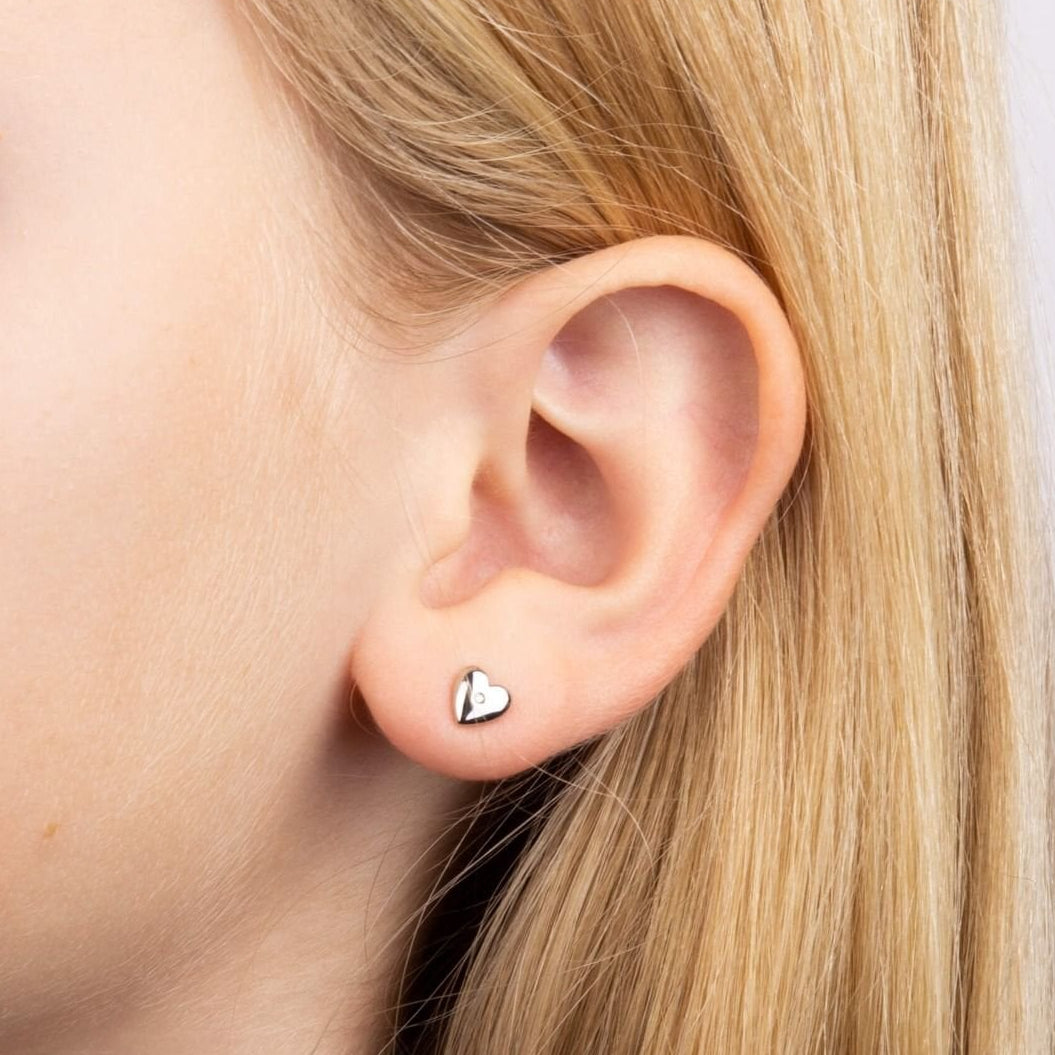 Silver Heart Stud Earrings with Diamond