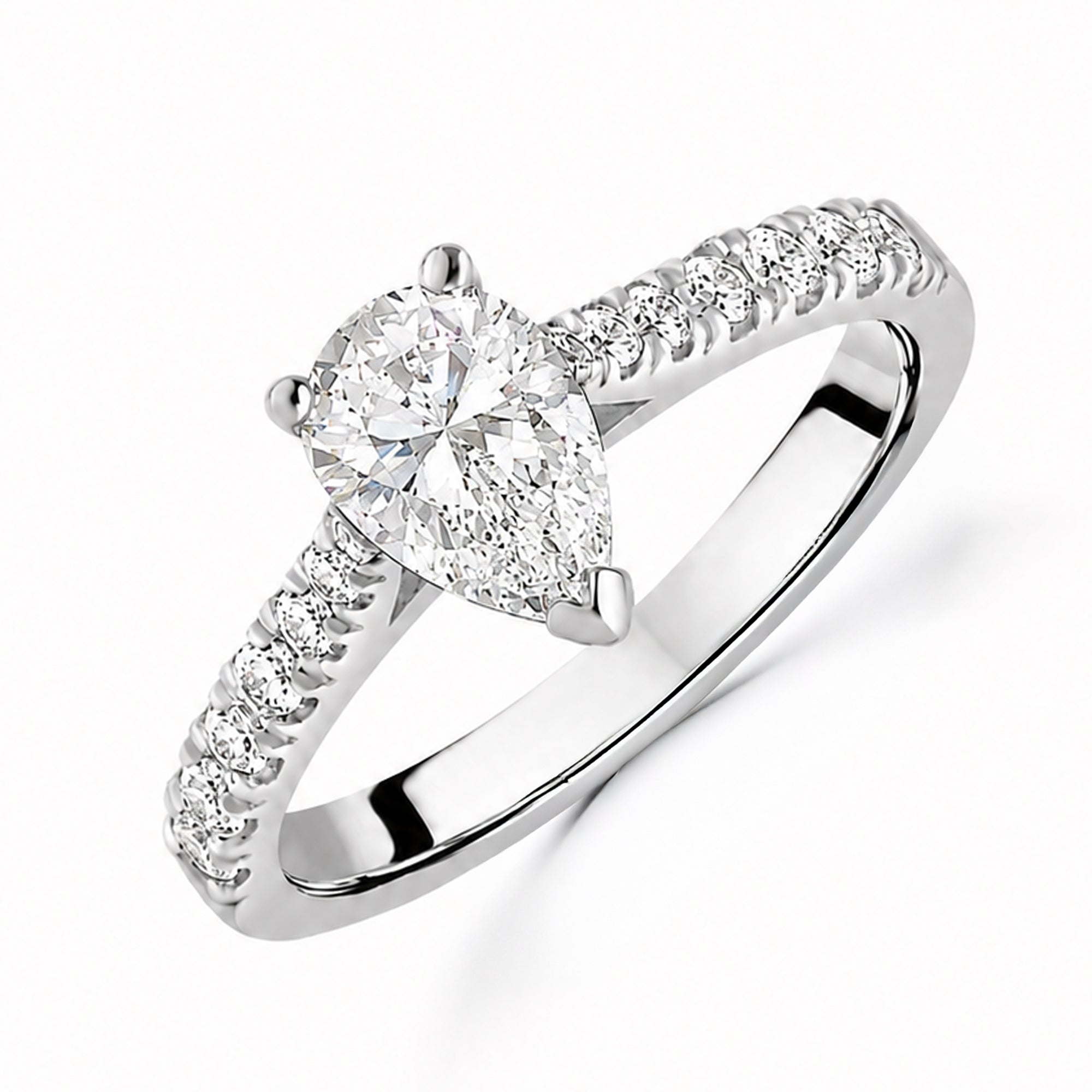 Silver Pear Cut CZ Ring with Graduated Claw Set Shoulders