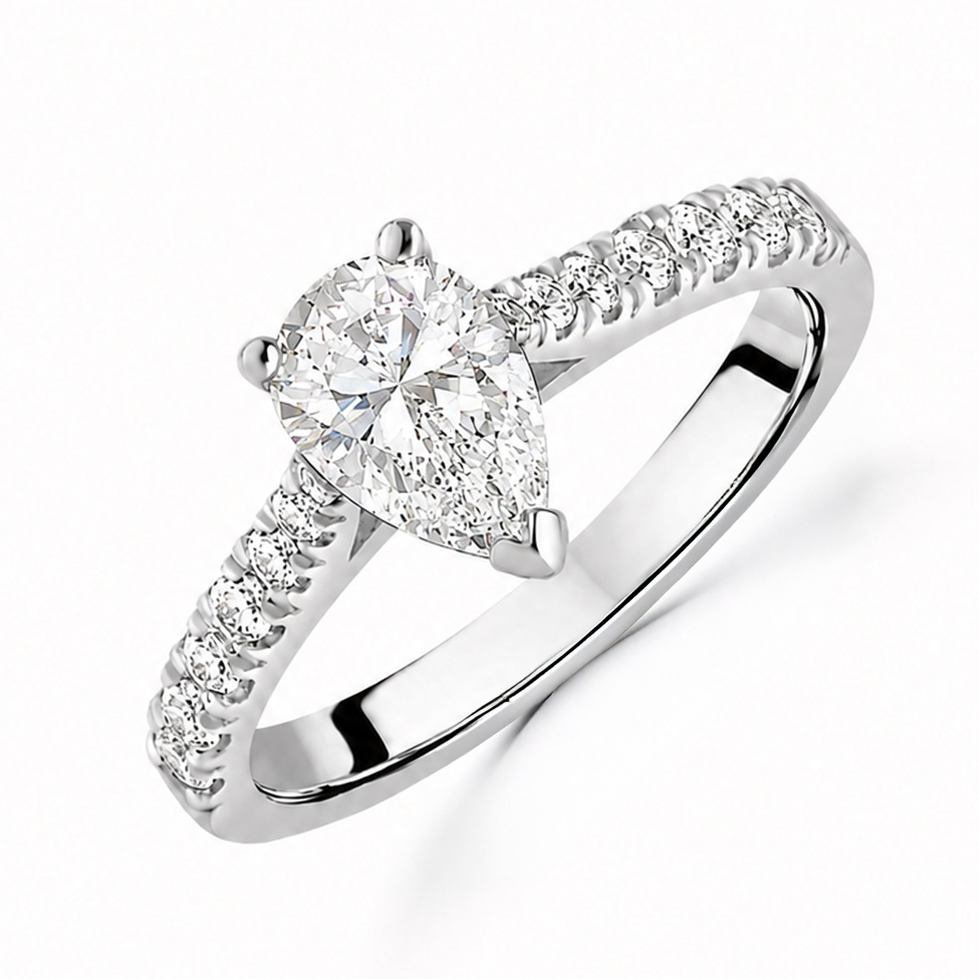 Silver Pear Cut CZ Ring with Graduated Claw Set Shoulders