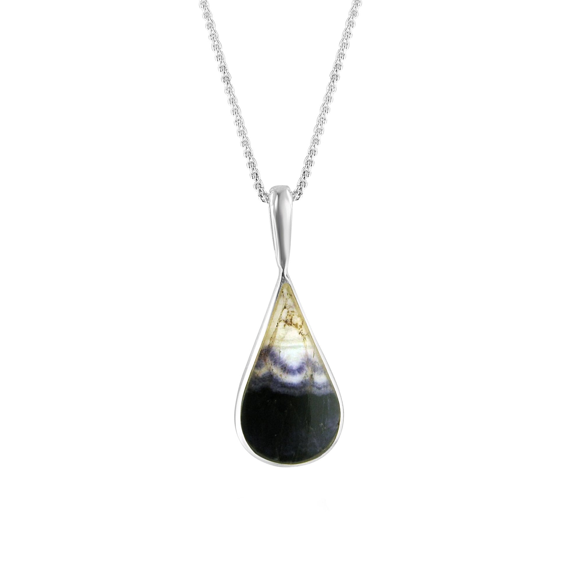 Silver Pear Shape Blue John Pendant and Chain