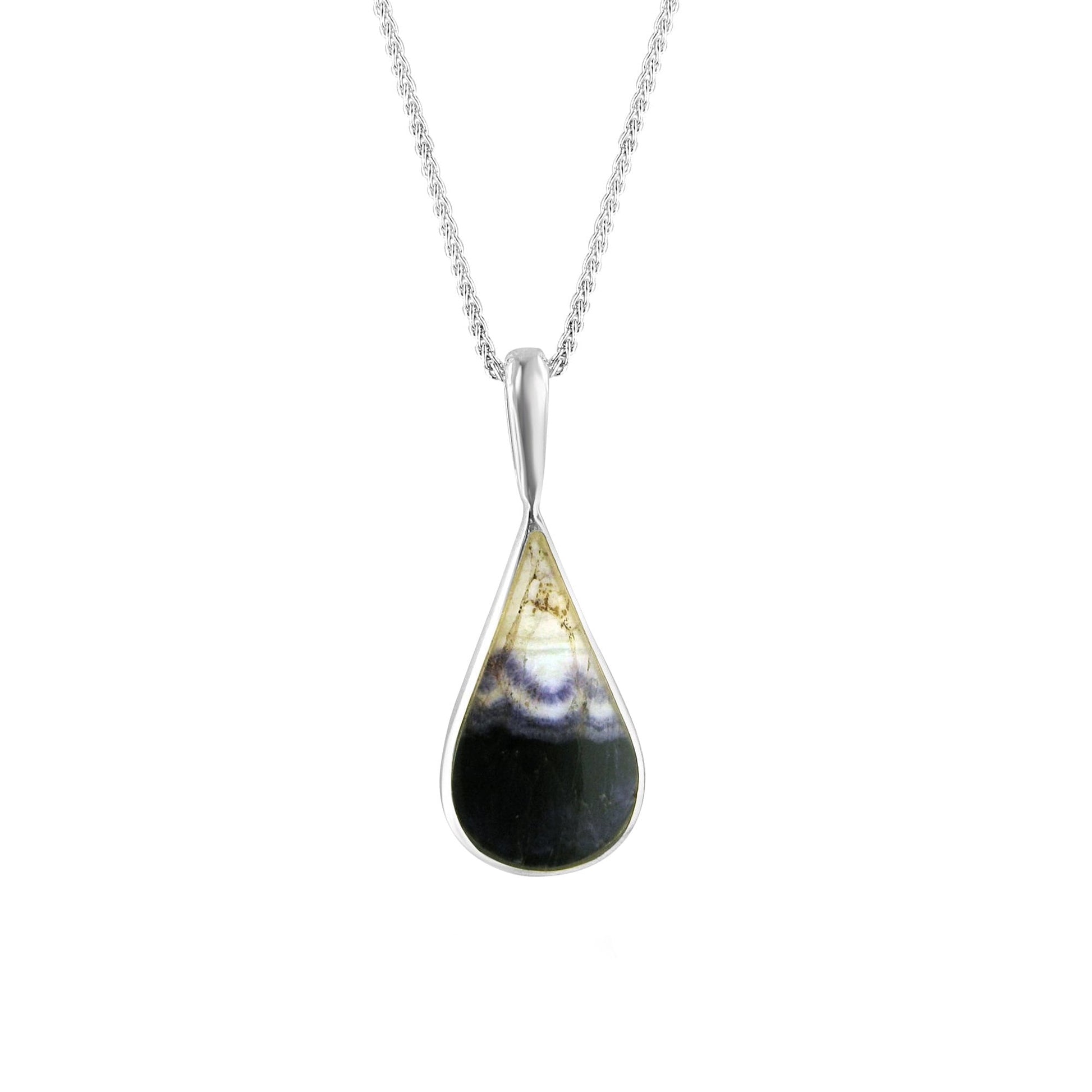 Silver Pear Shape Blue John Pendant and Chain