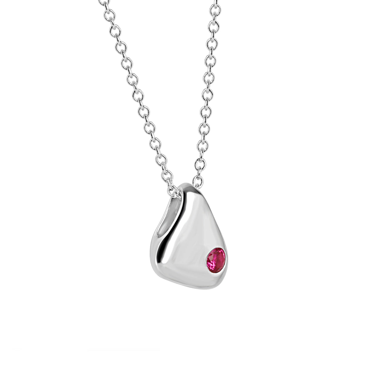 Silver Pink Cubic Zirconia Pebble Pendant with Adjustable Trace Chain