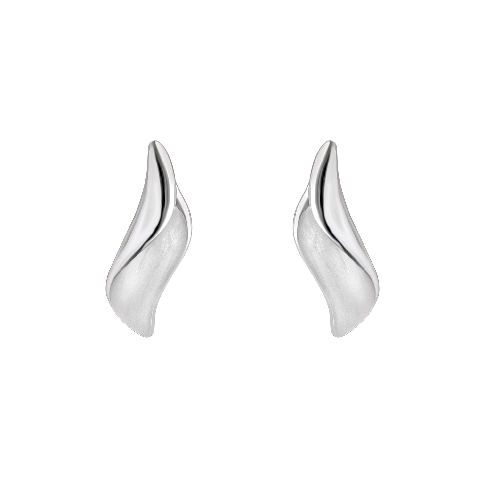 Silver Satin & Polish Curled Leaf Stud Earrings
