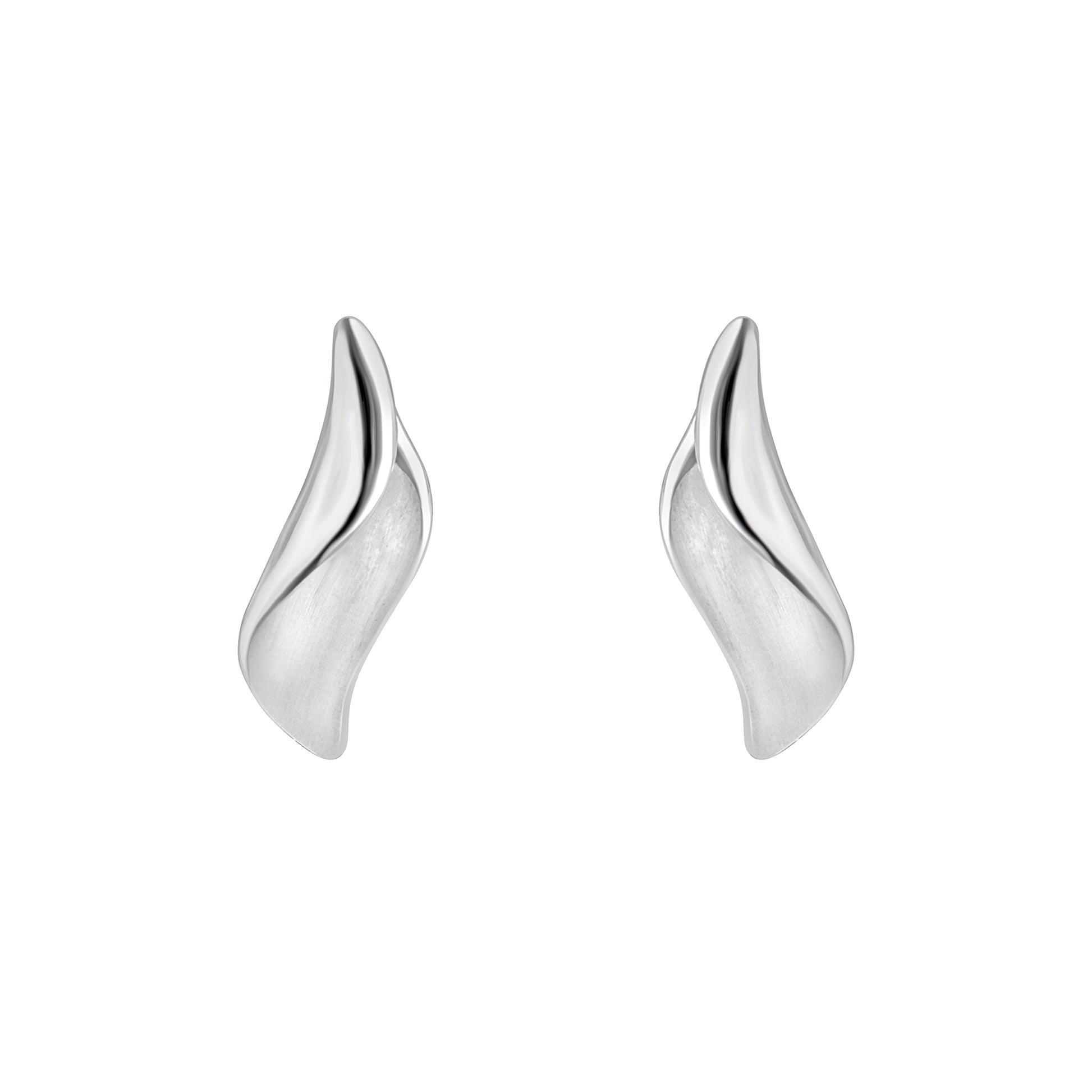Silver Satin & Polish Curled Leaf Stud Earrings