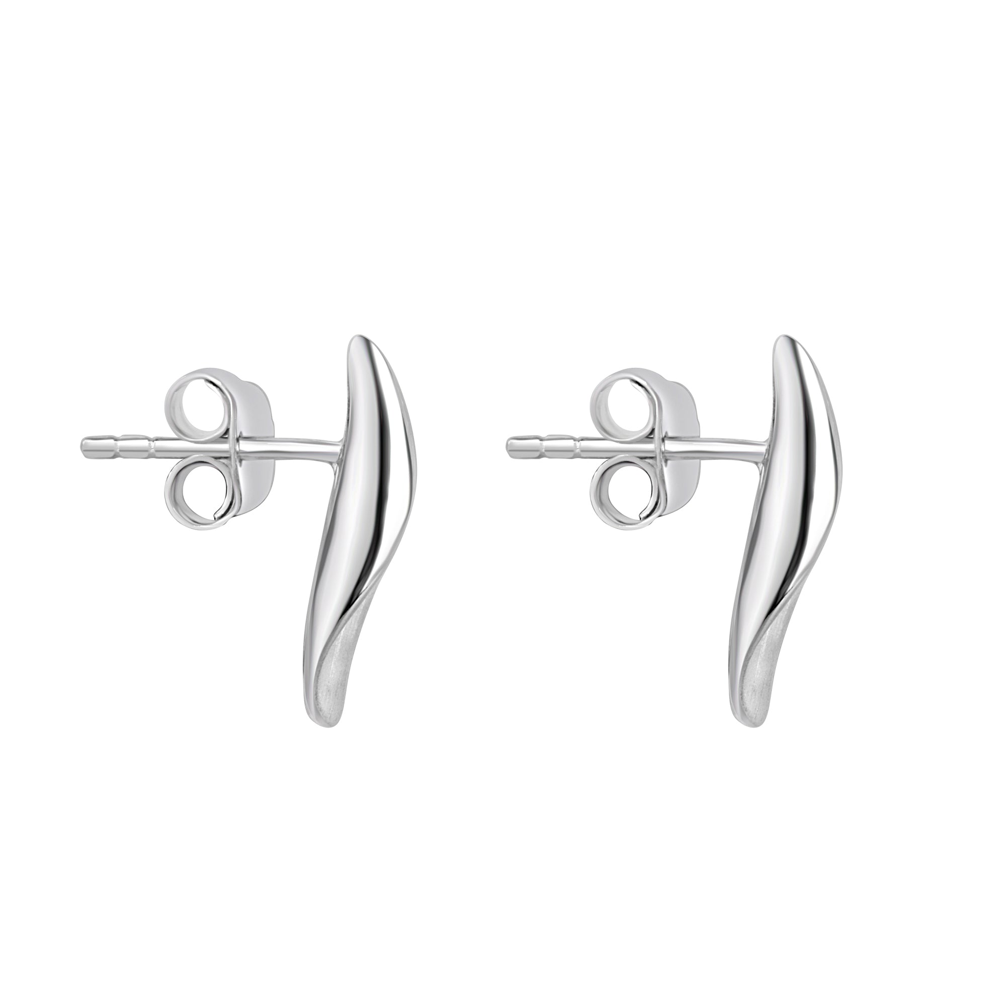 Silver Satin & Polish Curled Leaf Stud Earrings