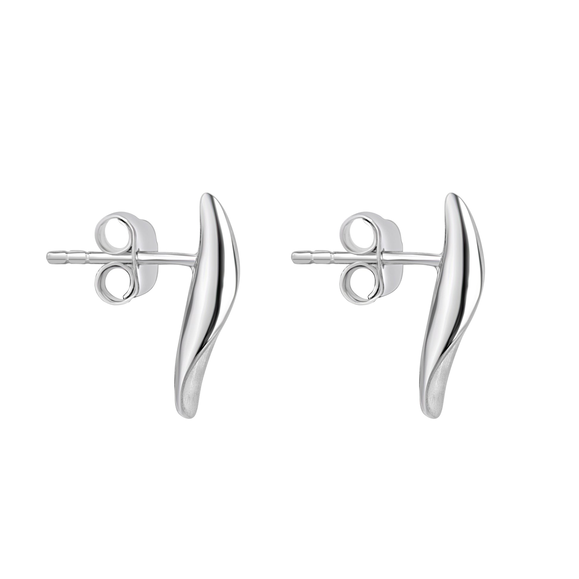 Silver Satin & Polish Curled Leaf Stud Earrings