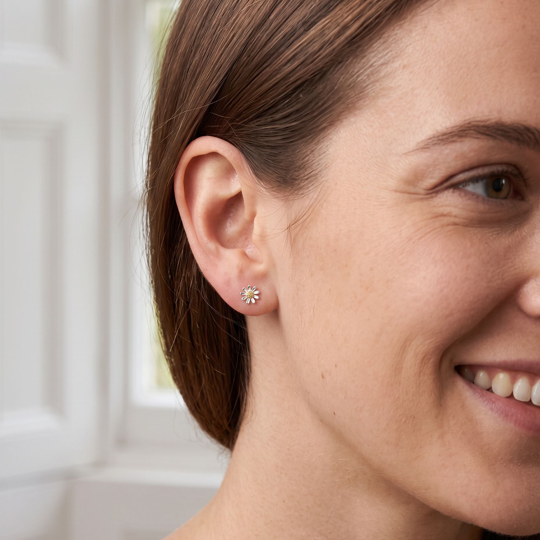 Silver Small Daisy Stud Earrings with Gold-Plated Centres
