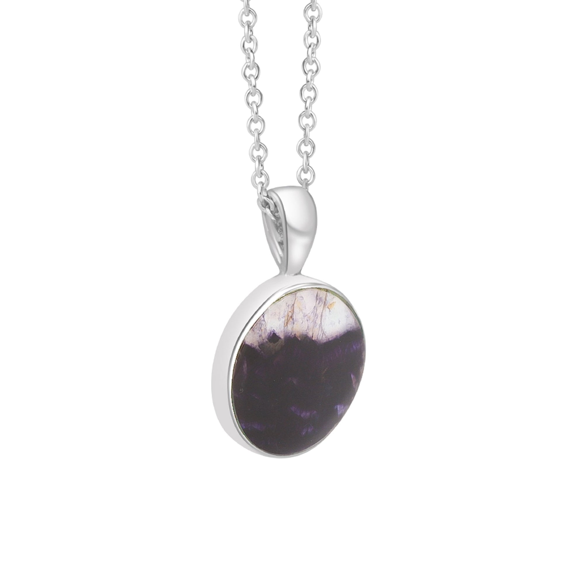 Small Silver Round Blue John Pendant and Chain