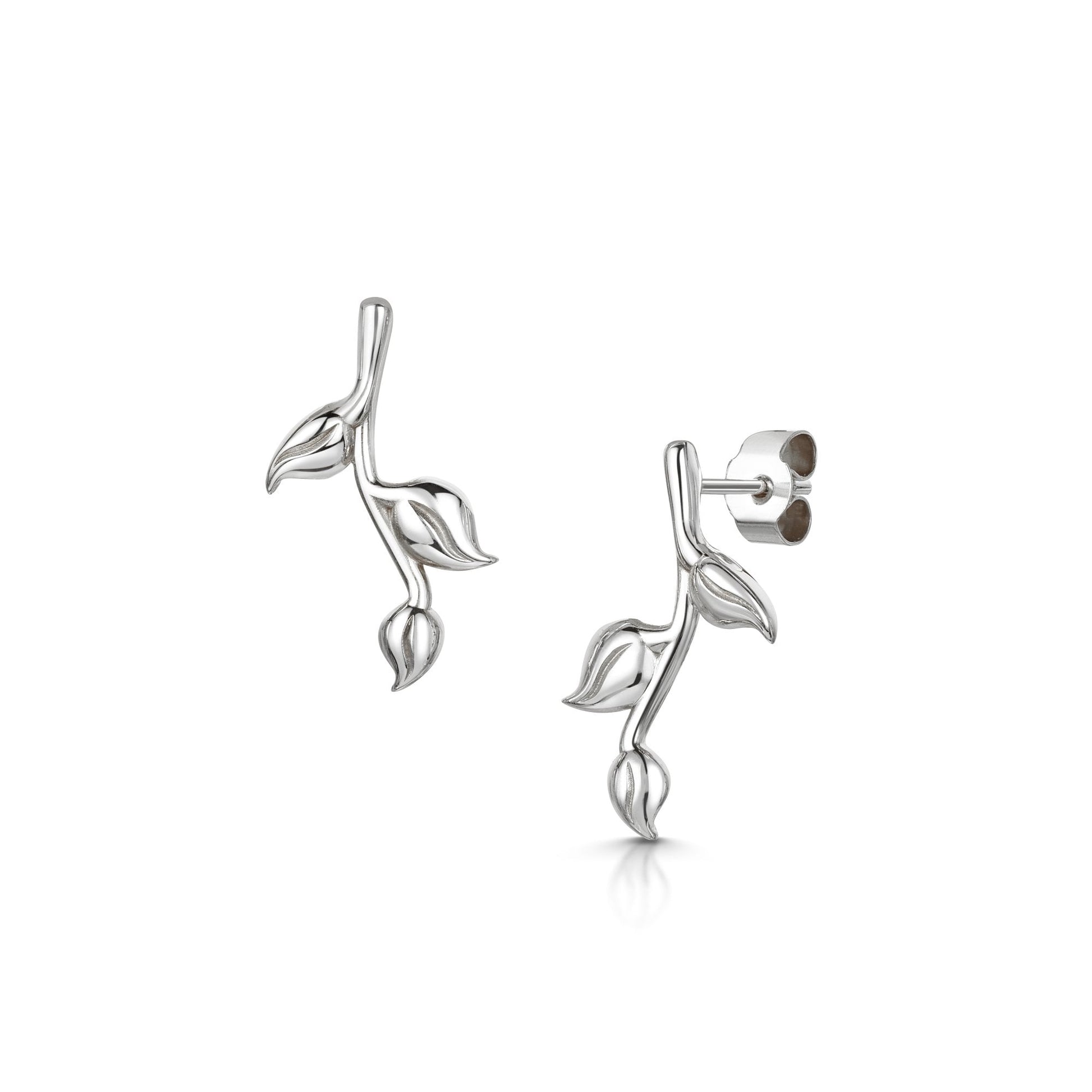 Sterling Silver Three Leaf Branch Drop Earrings