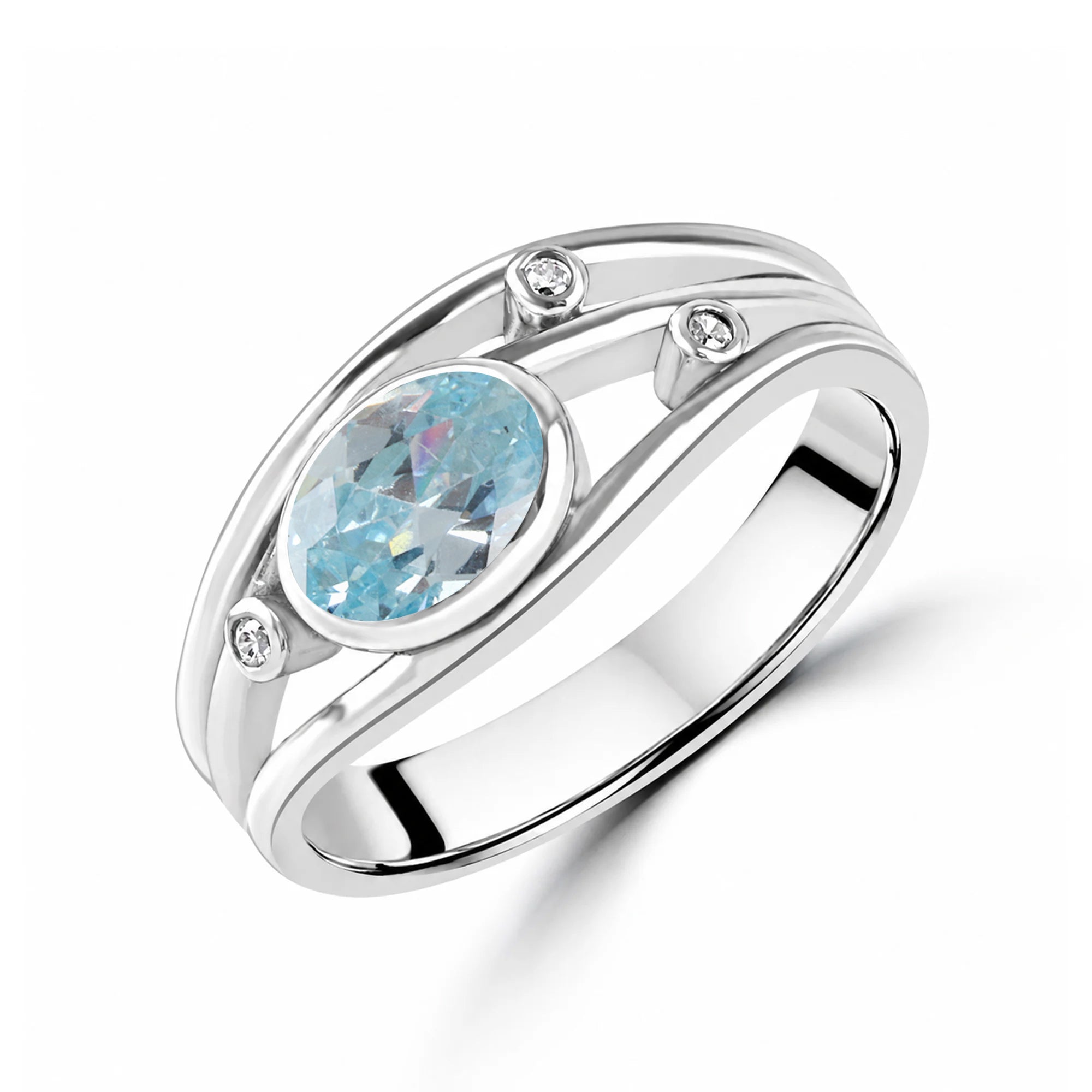 Sterling Silver Triple Band Oval Blue Cubic Zirconia Dress Ring