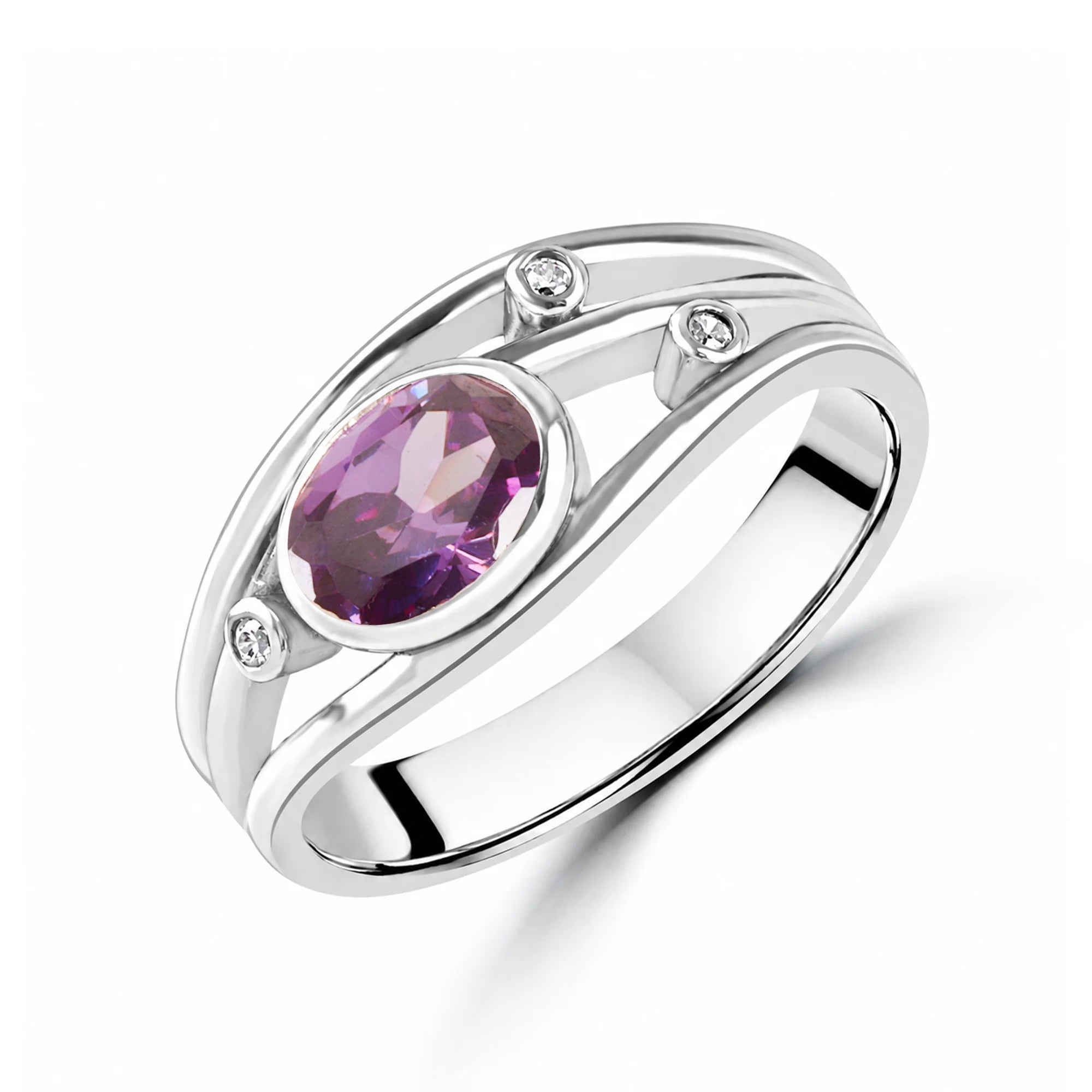 Sterling Silver Triple Band Oval Purple Cubic Zirconia Dress Ring