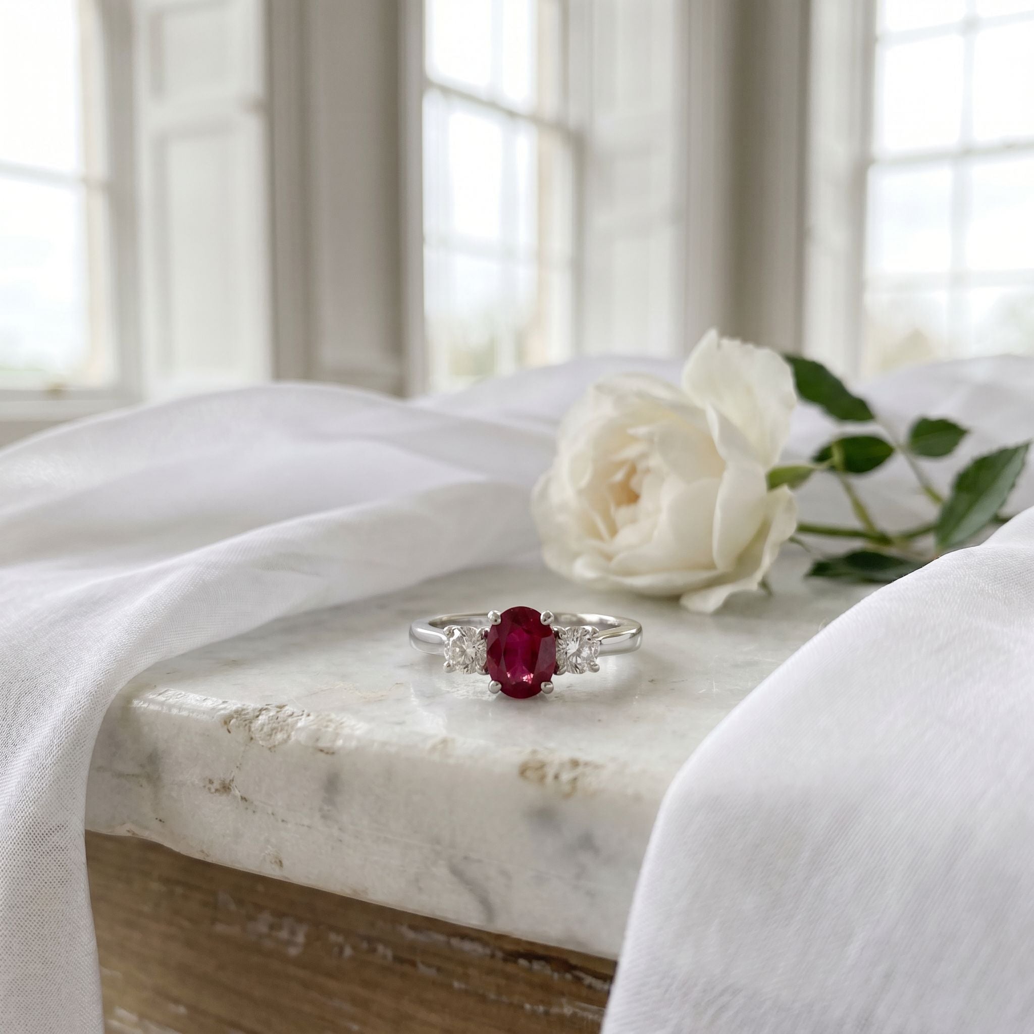 Three Stone Diamond and Red Ruby Ring in 9ct White Gold