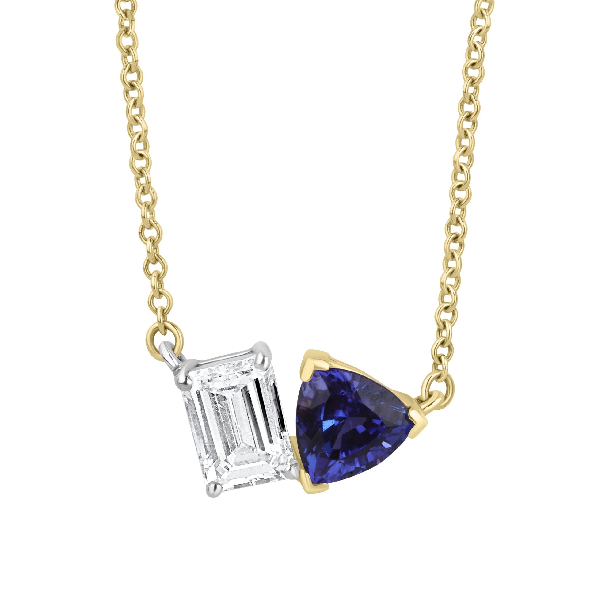 Trilliant Cut Tanzanite and Emerald Cut Lab Grown Diamond Toi et Moi Necklace