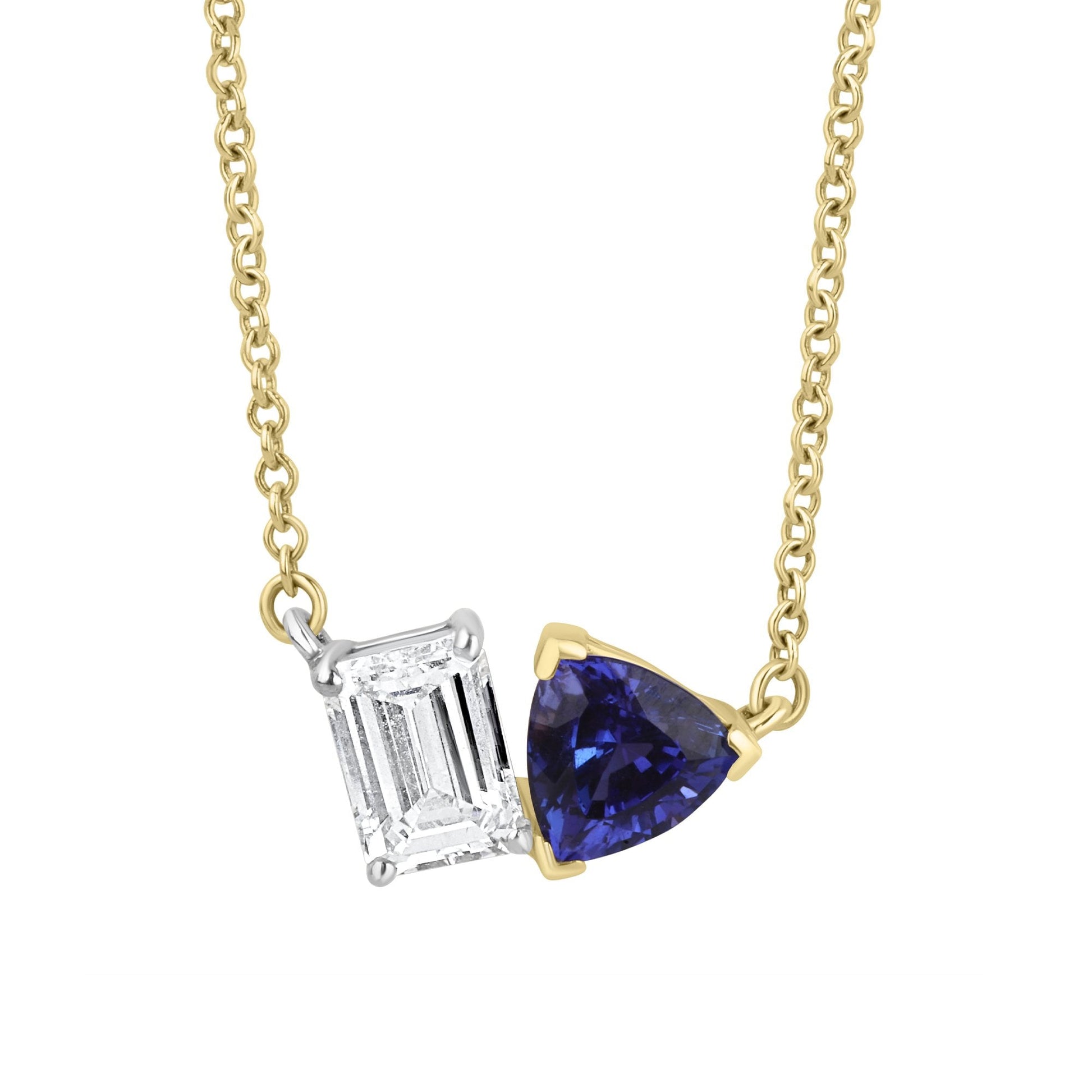 Trilliant Cut Tanzanite and Emerald Cut Lab Grown Diamond Toi et Moi Necklace
