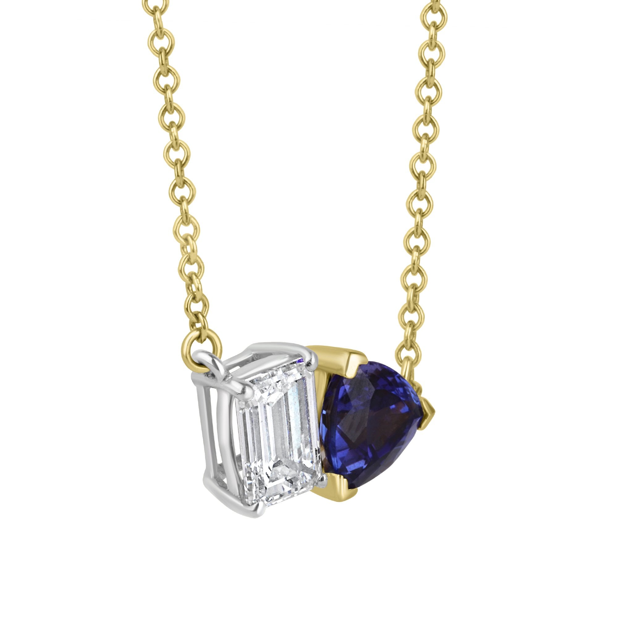Trilliant Cut Tanzanite and Emerald Cut Lab Grown Diamond Toi et Moi Necklace