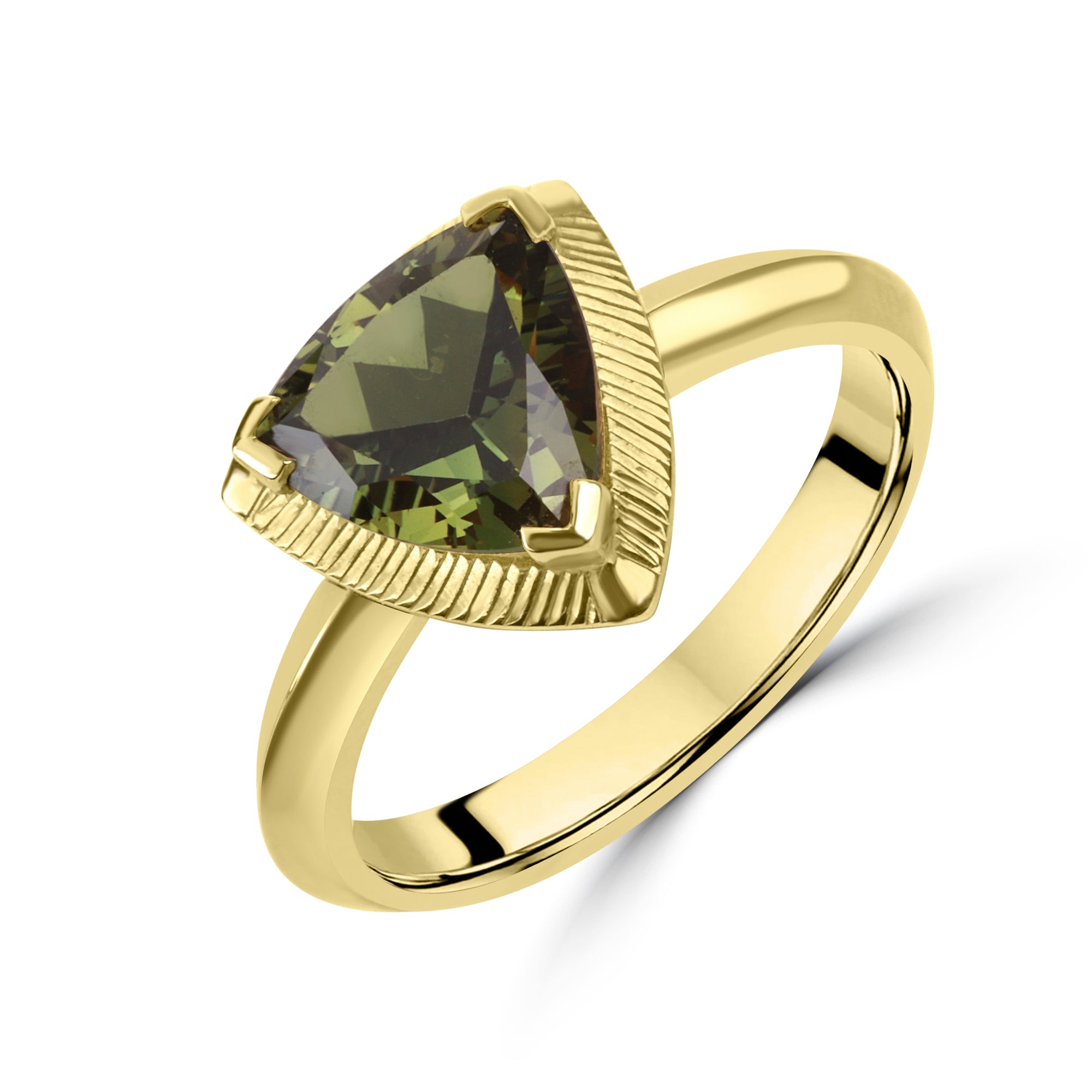 Trilliant Green Sapphire 18ct Yellow Gold Ring with Engraved Bezel