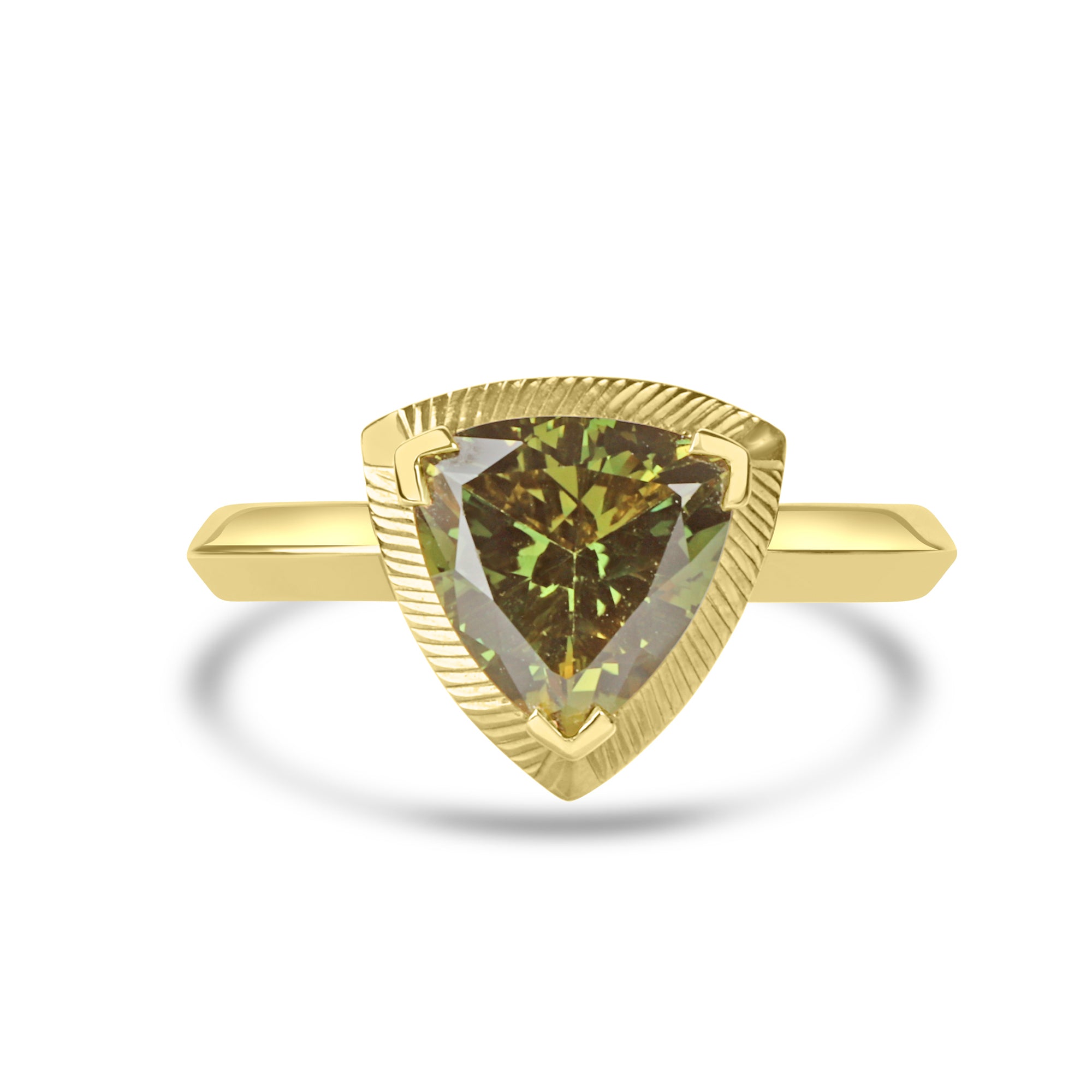 Trilliant Green Sapphire 18ct Yellow Gold Ring with Engraved Bezel