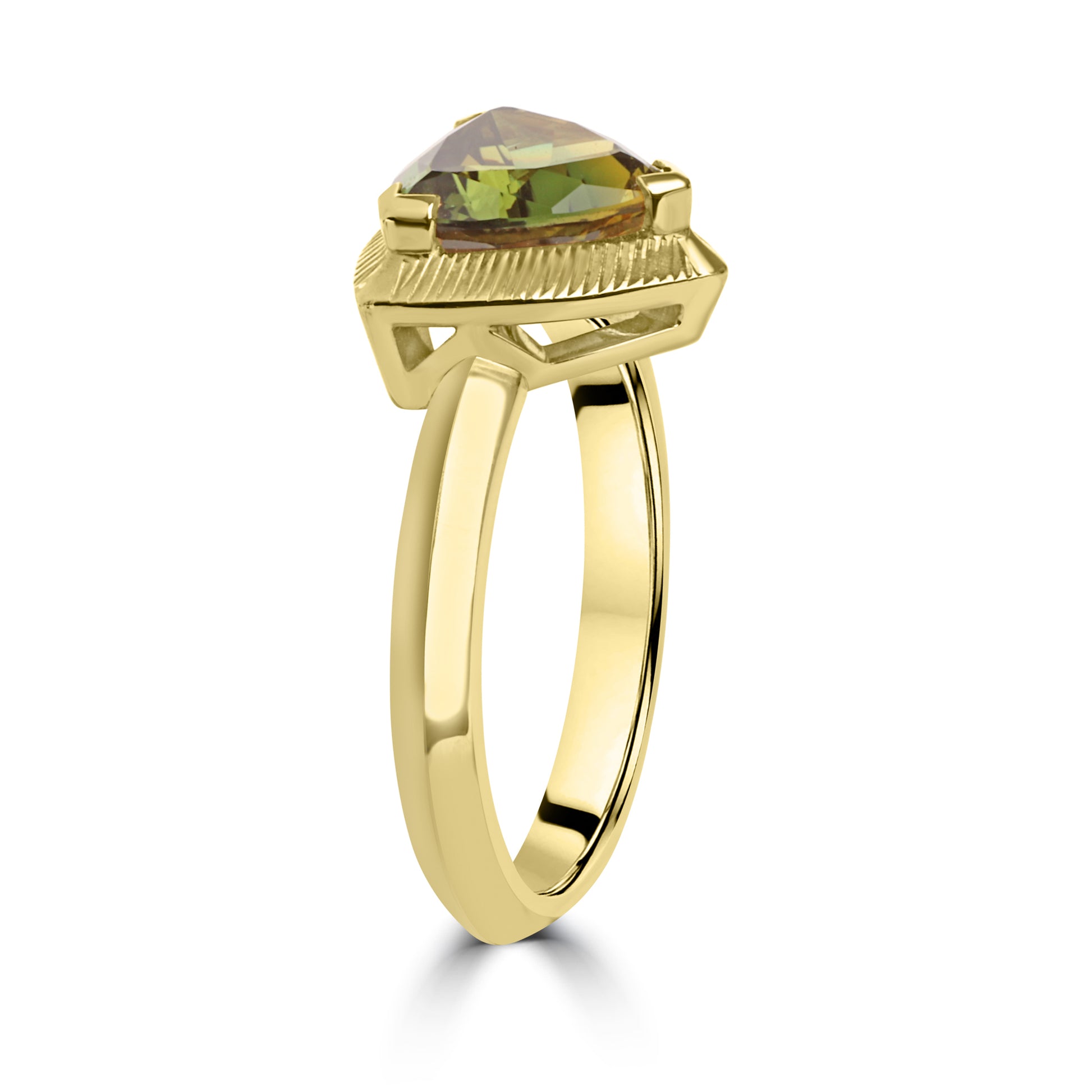 Trilliant Green Sapphire 18ct Yellow Gold Ring with Engraved Bezel