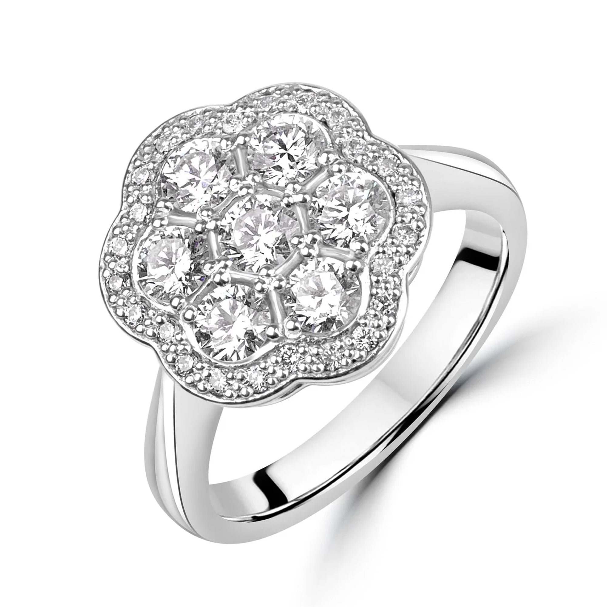 Unique White Gold Round Diamond Halo Cluster Ring RWD37471