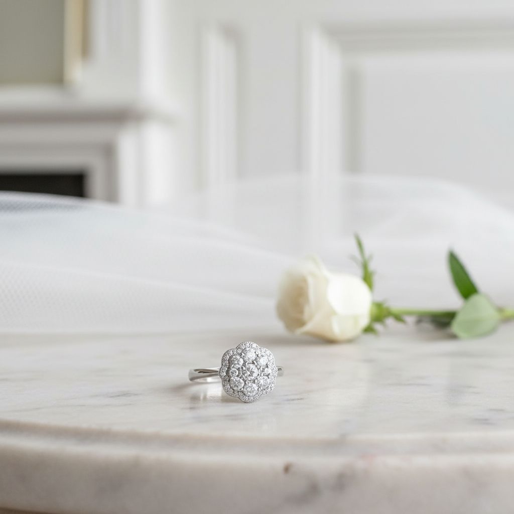 Unique White Gold Round Diamond Halo Cluster Ring
