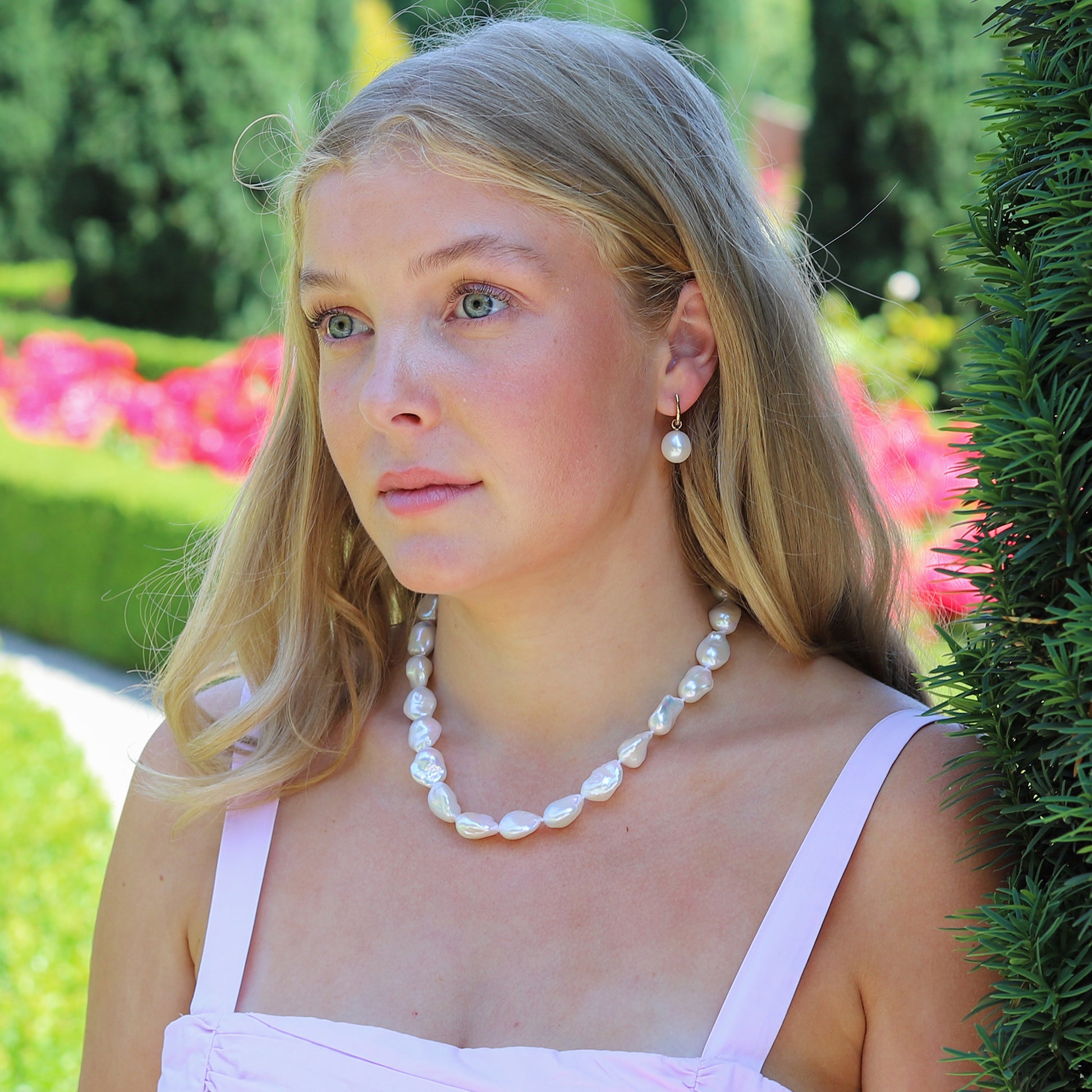 White Baroque Nucleated Freshwater Pearl Knotted Necklace with 9ct Yellow Gold Ball Clasp
