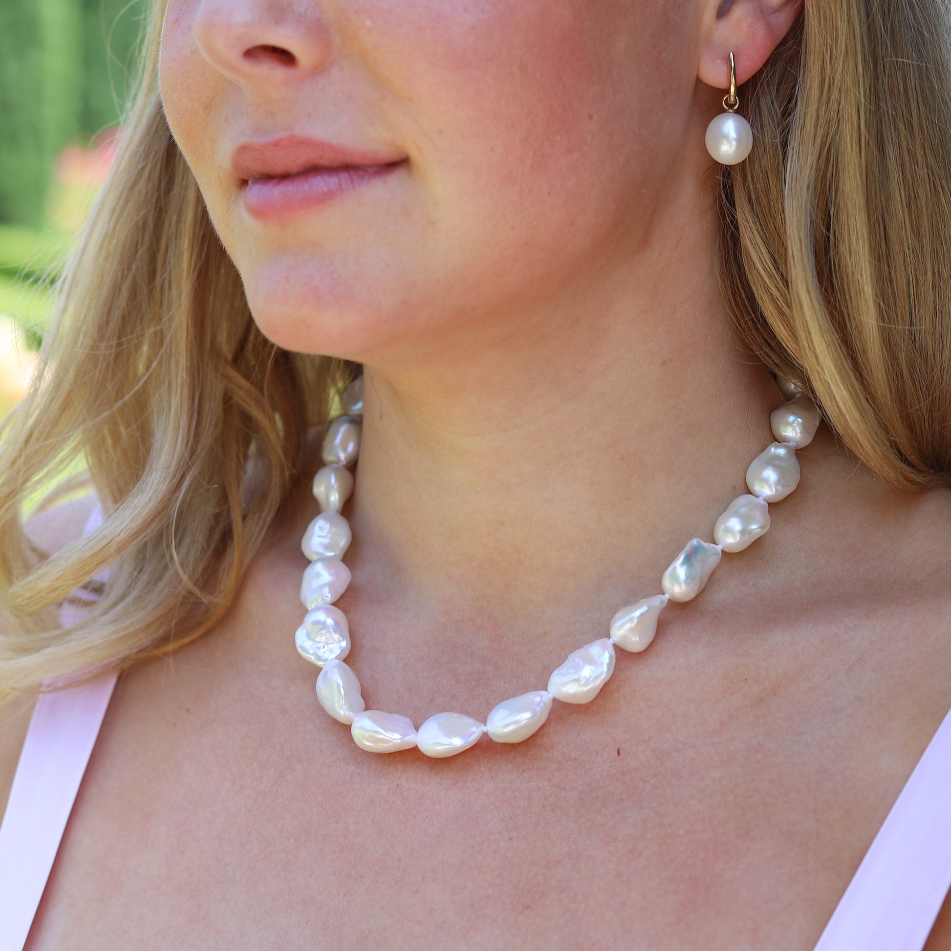White Baroque Nucleated Freshwater Pearl Knotted Necklace with 9ct Yellow Gold Ball Clasp