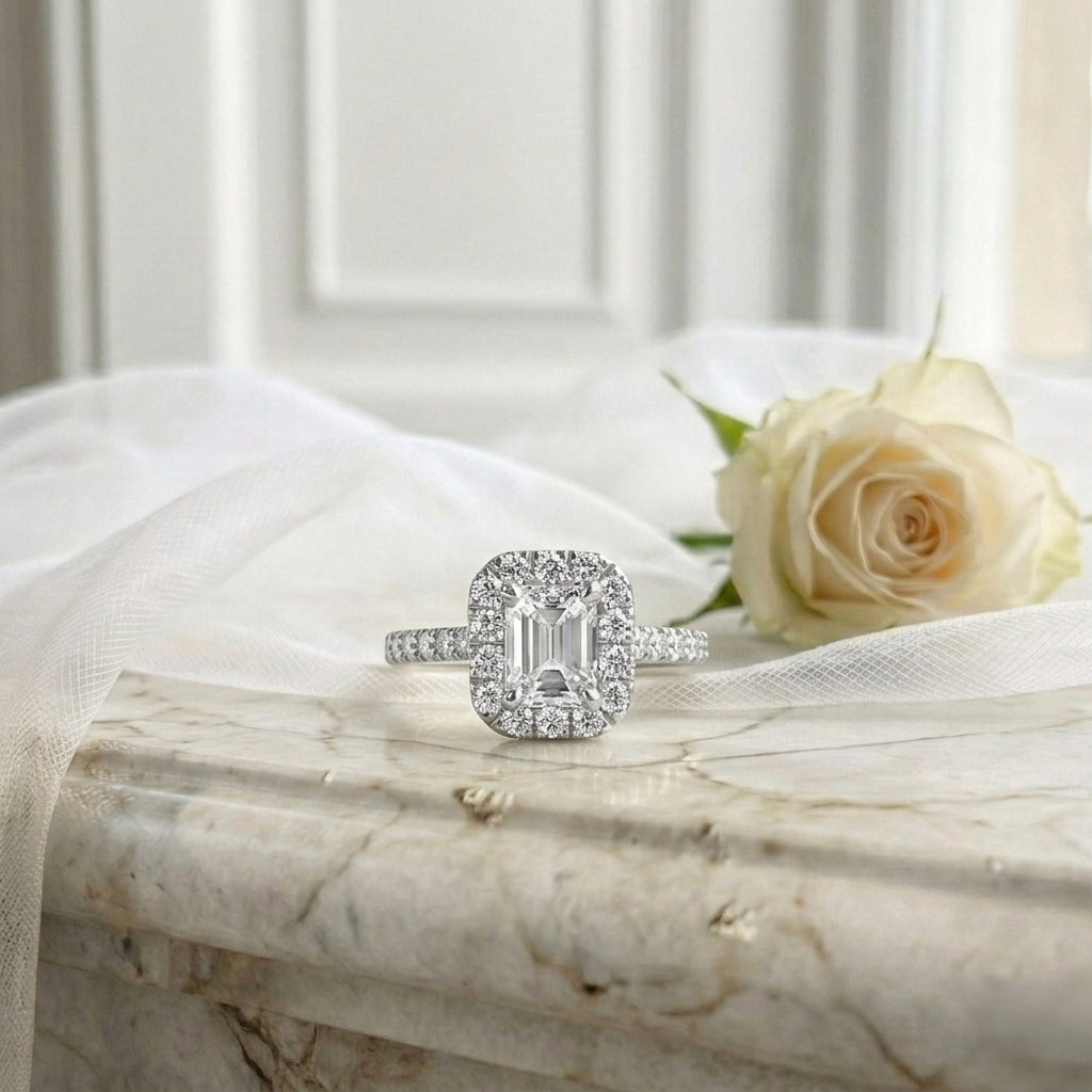 Platinum Emerald Cut Diamond Halo Engagement Ring