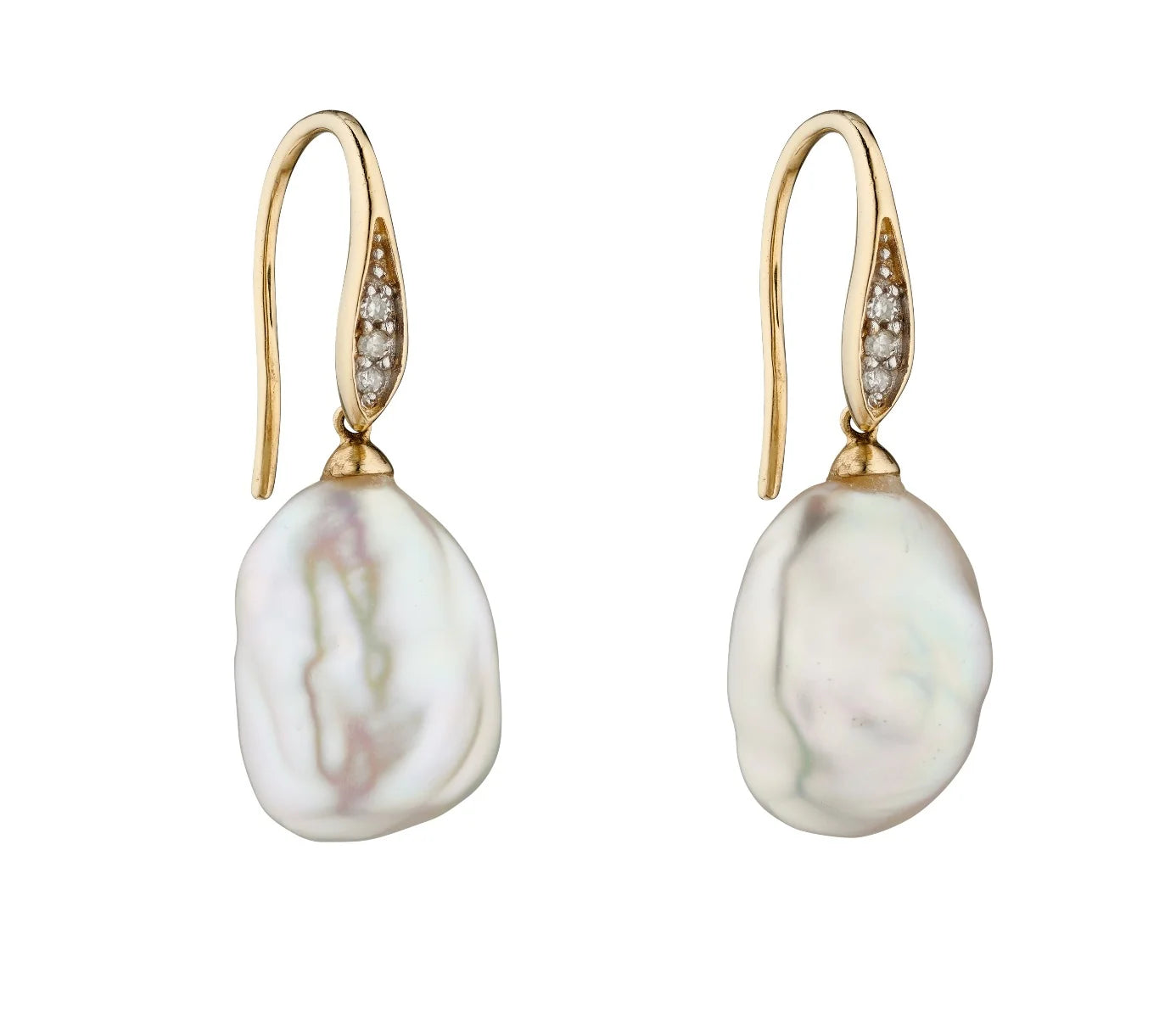 9ct Yellow Gold Keshi Pearl and Diamond Drop Earrings