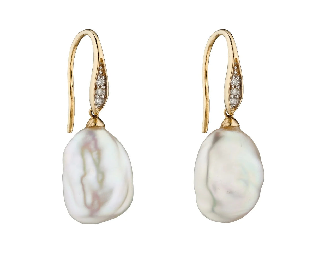 9ct Yellow Gold Keshi Pearl and Diamond Drop Earrings
