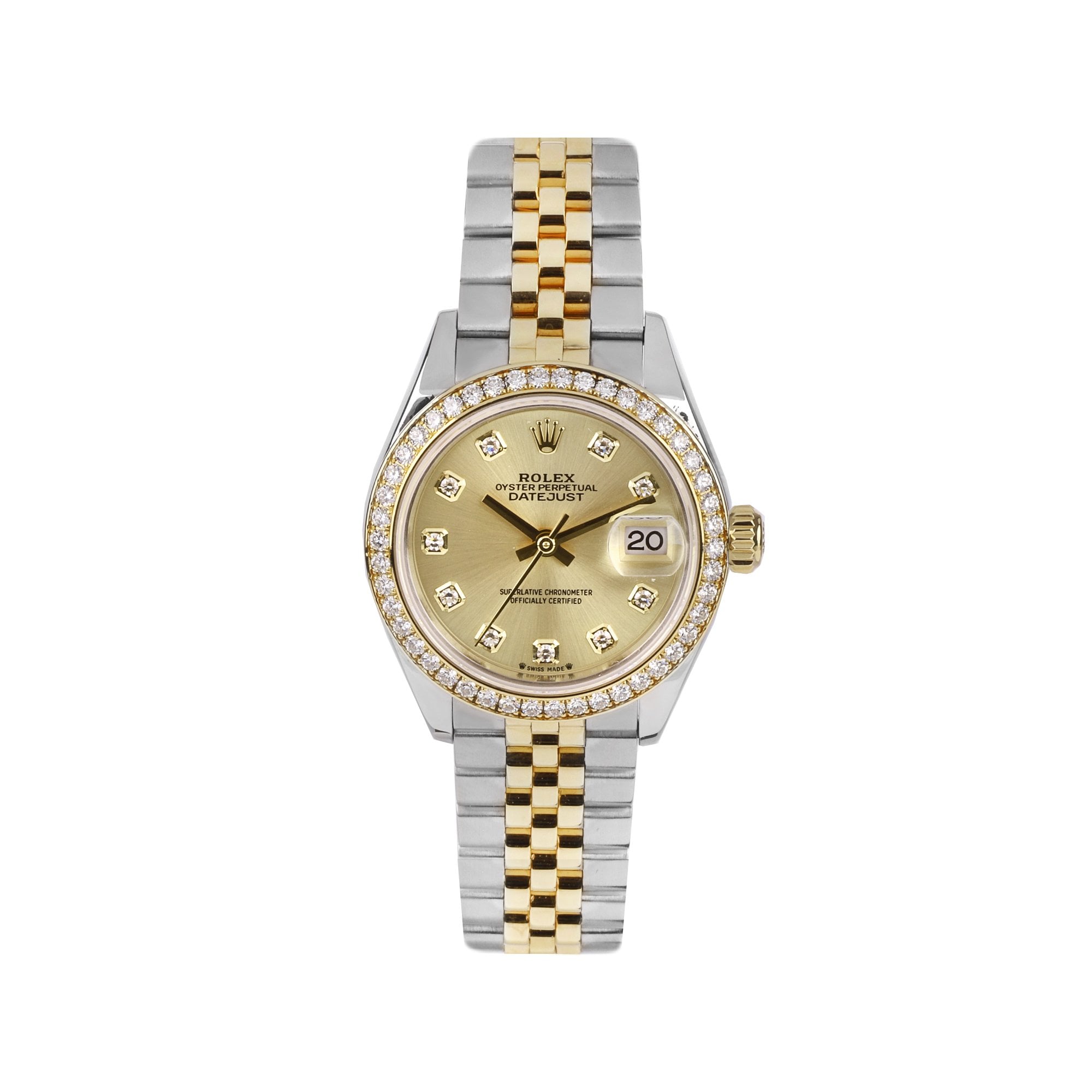 Rolex Datejust Watch in 18ct Gold and Steel With a Diamond Dot Champagne Dial and Diamond Bezel