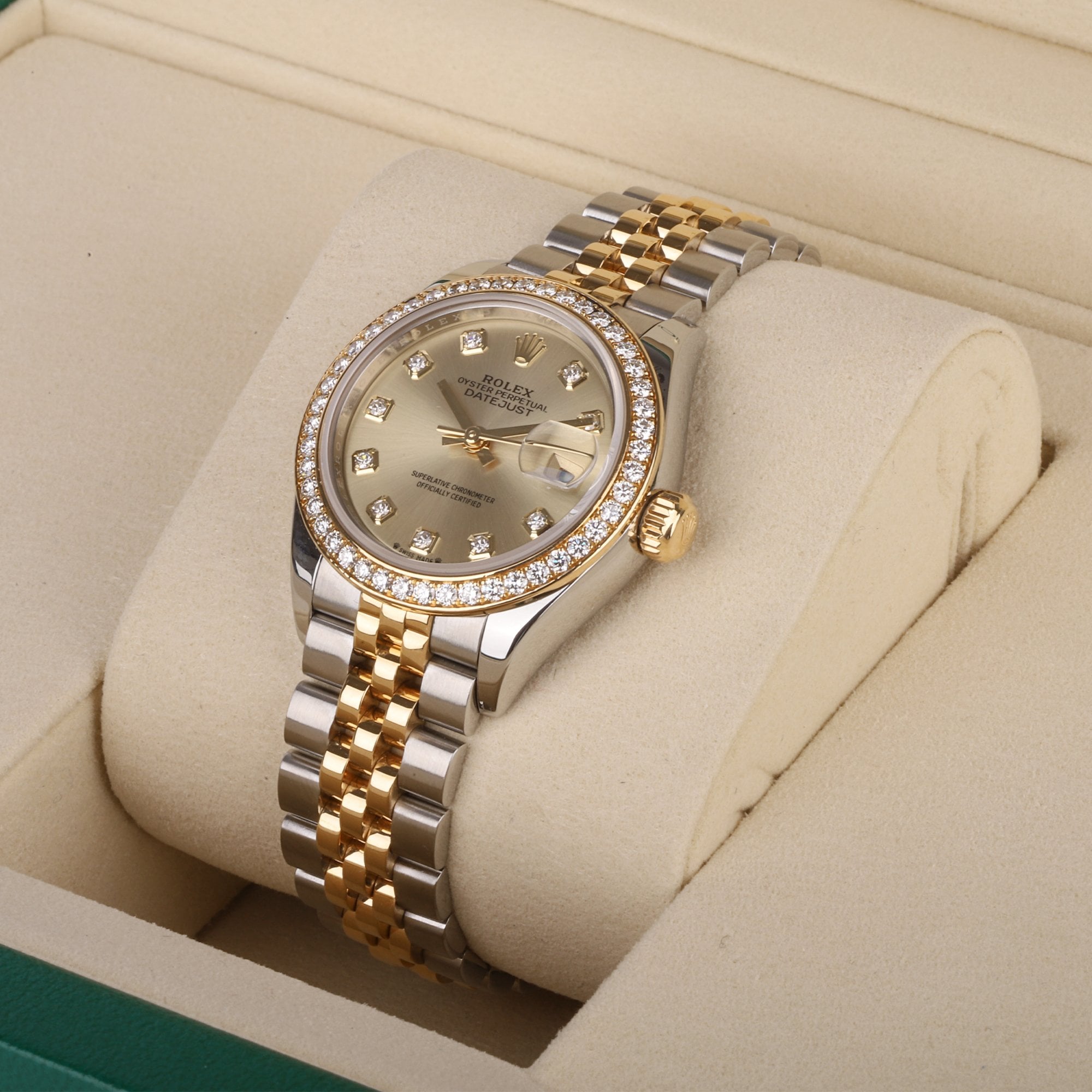 Rolex Datejust Watch in 18ct Gold and Steel With a Diamond Dot Champagne Dial and Diamond Bezel