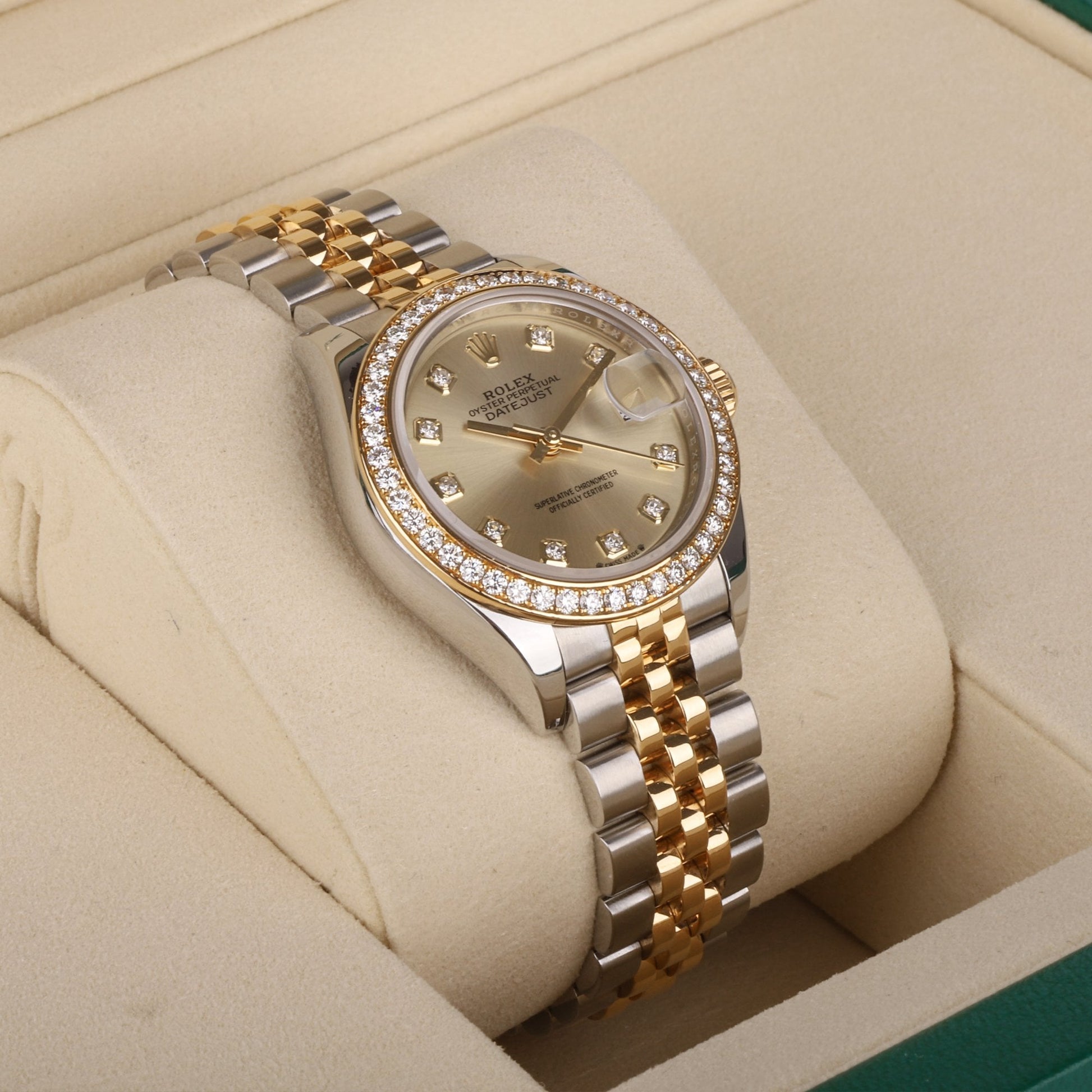 Rolex Datejust Watch in 18ct Gold and Steel With a Diamond Dot Champagne Dial and Diamond Bezel