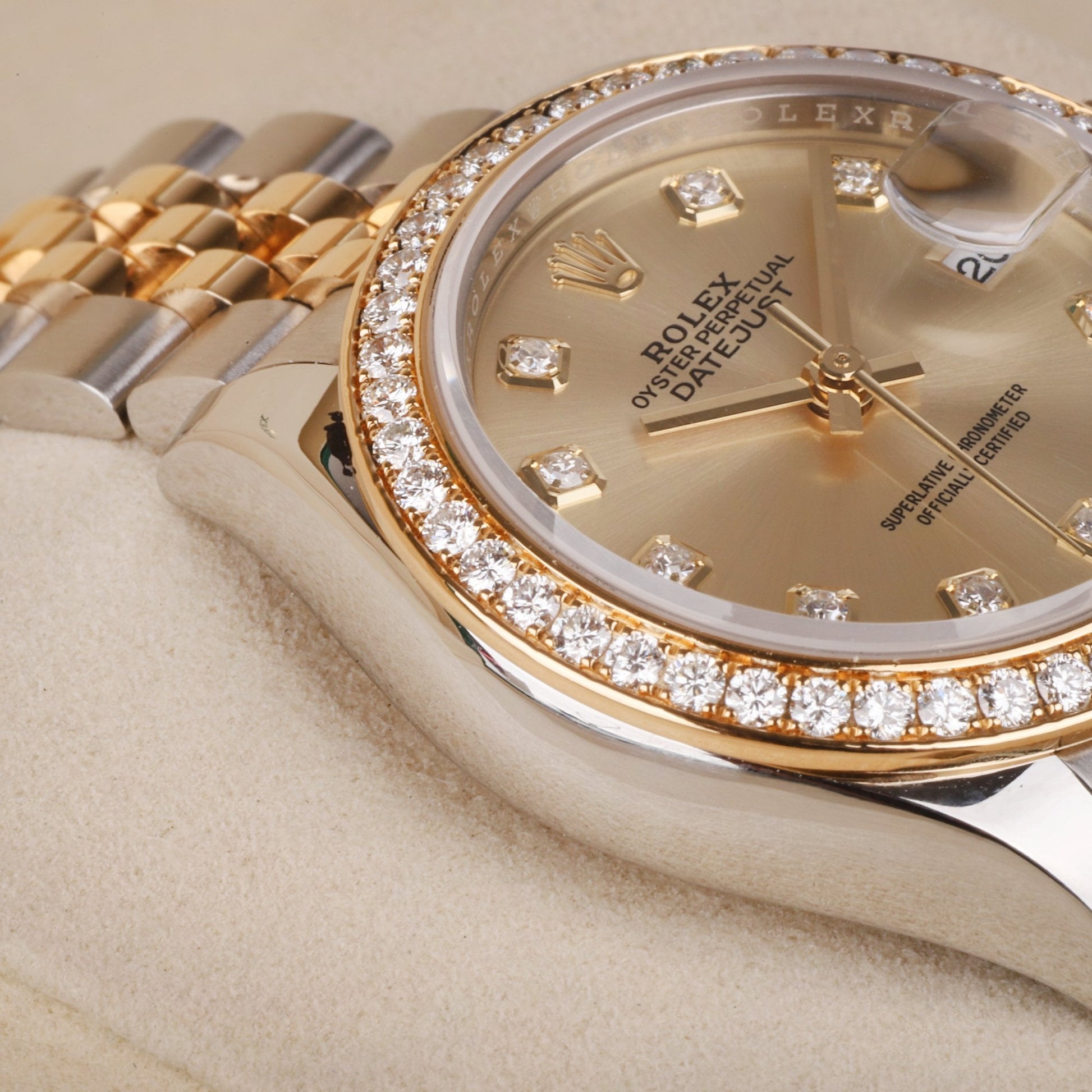 Rolex Datejust Watch in 18ct Gold and Steel With a Diamond Dot Champagne Dial and Diamond Bezel