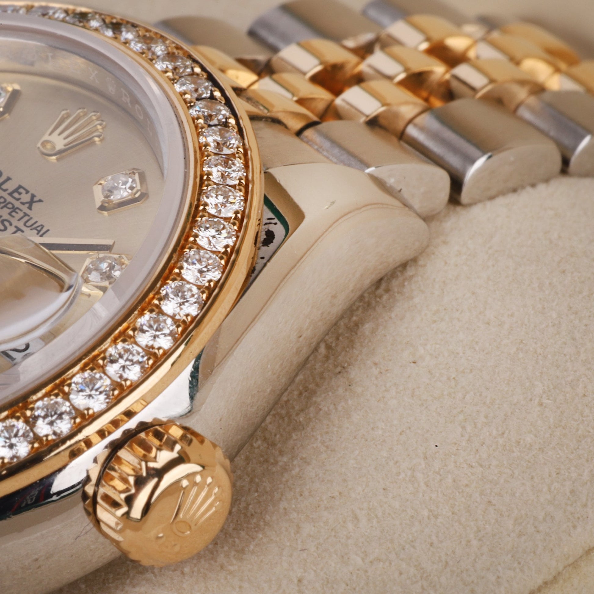 Rolex Datejust Watch in 18ct Gold and Steel With a Diamond Dot Champagne Dial and Diamond Bezel