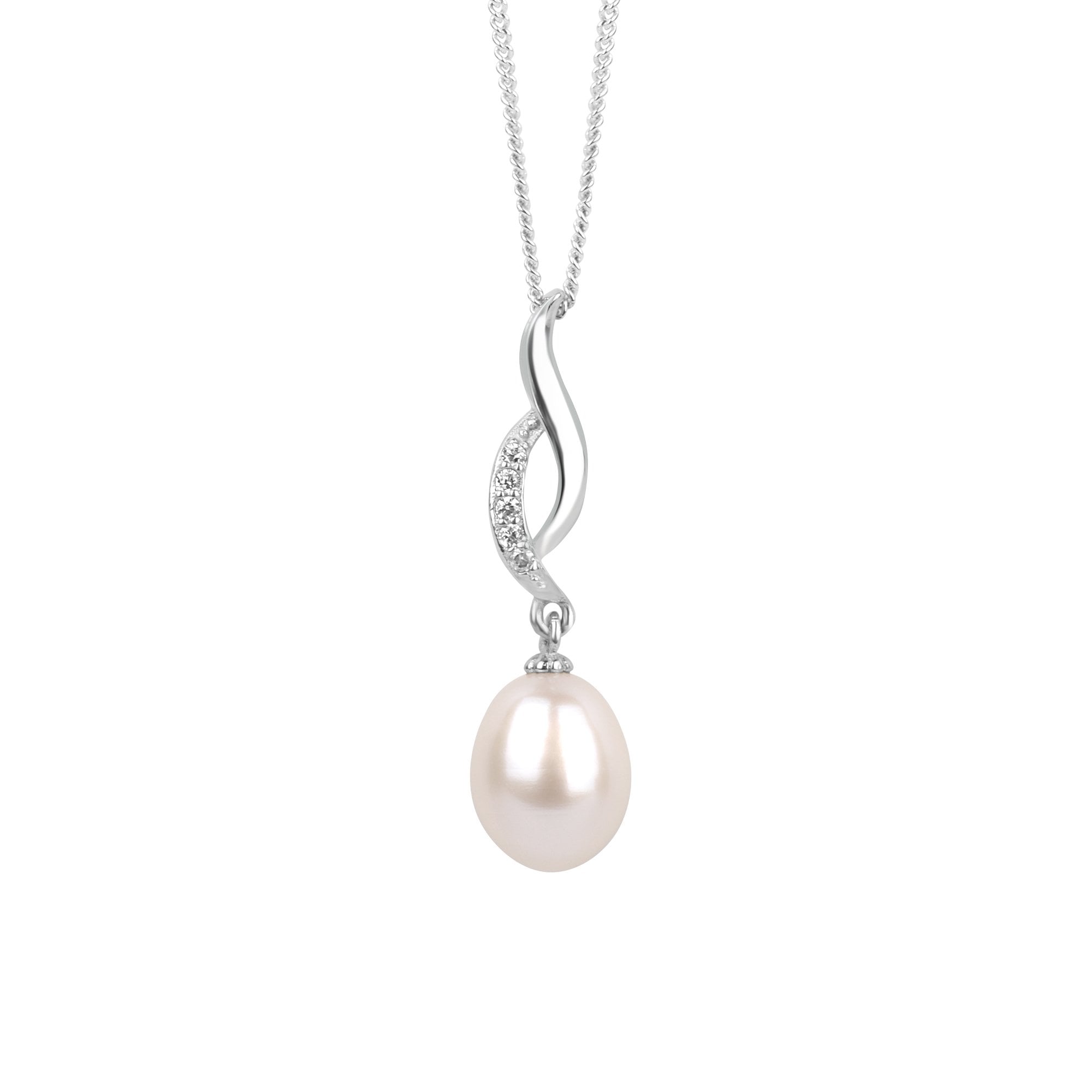 Silver Freshwater Pearl Necklace with Pave Cubic Zirconia Wave Top