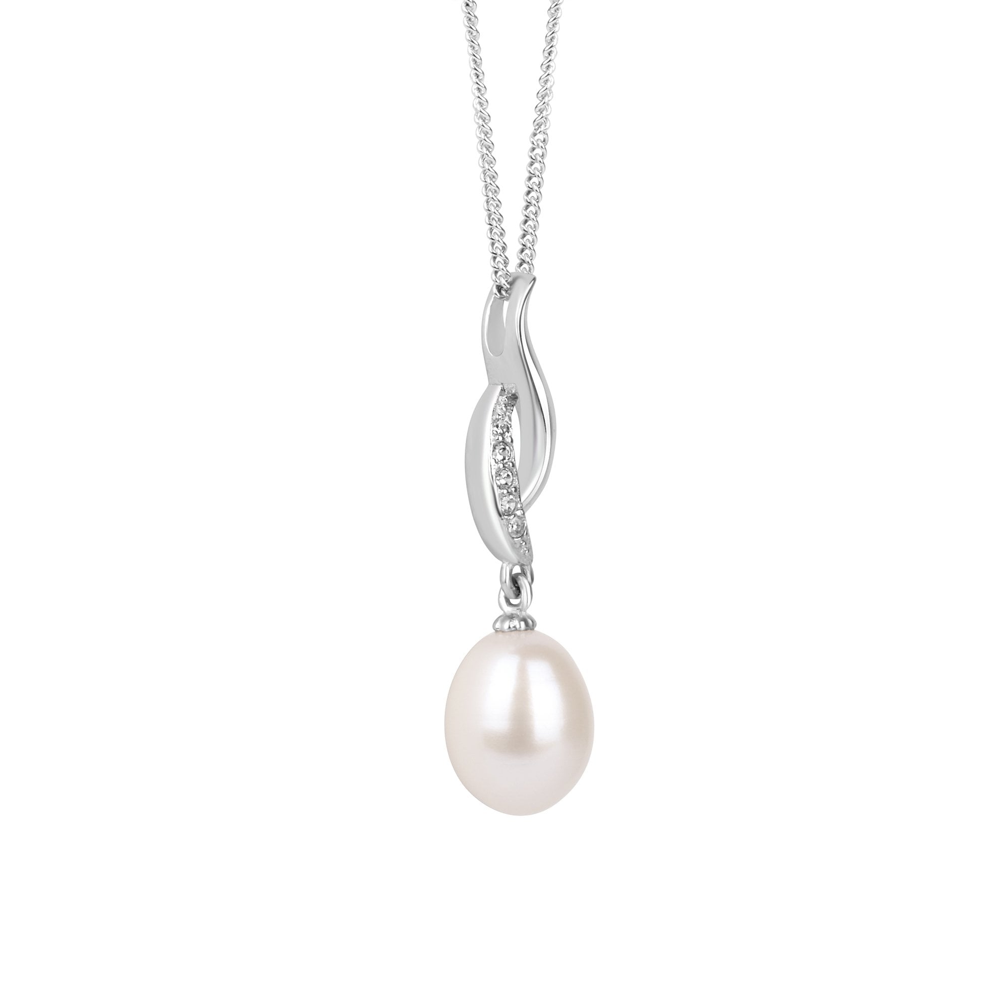 Silver Freshwater Pearl Necklace with Pave Cubic Zirconia Wave Top