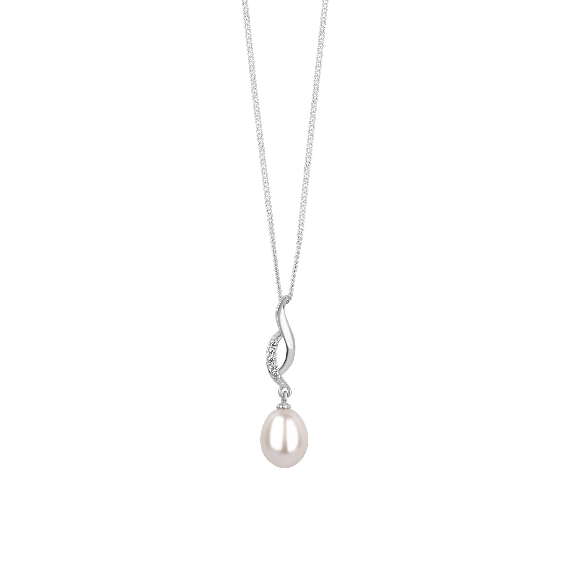 Silver Freshwater Pearl Necklace with Pave Cubic Zirconia Wave Top